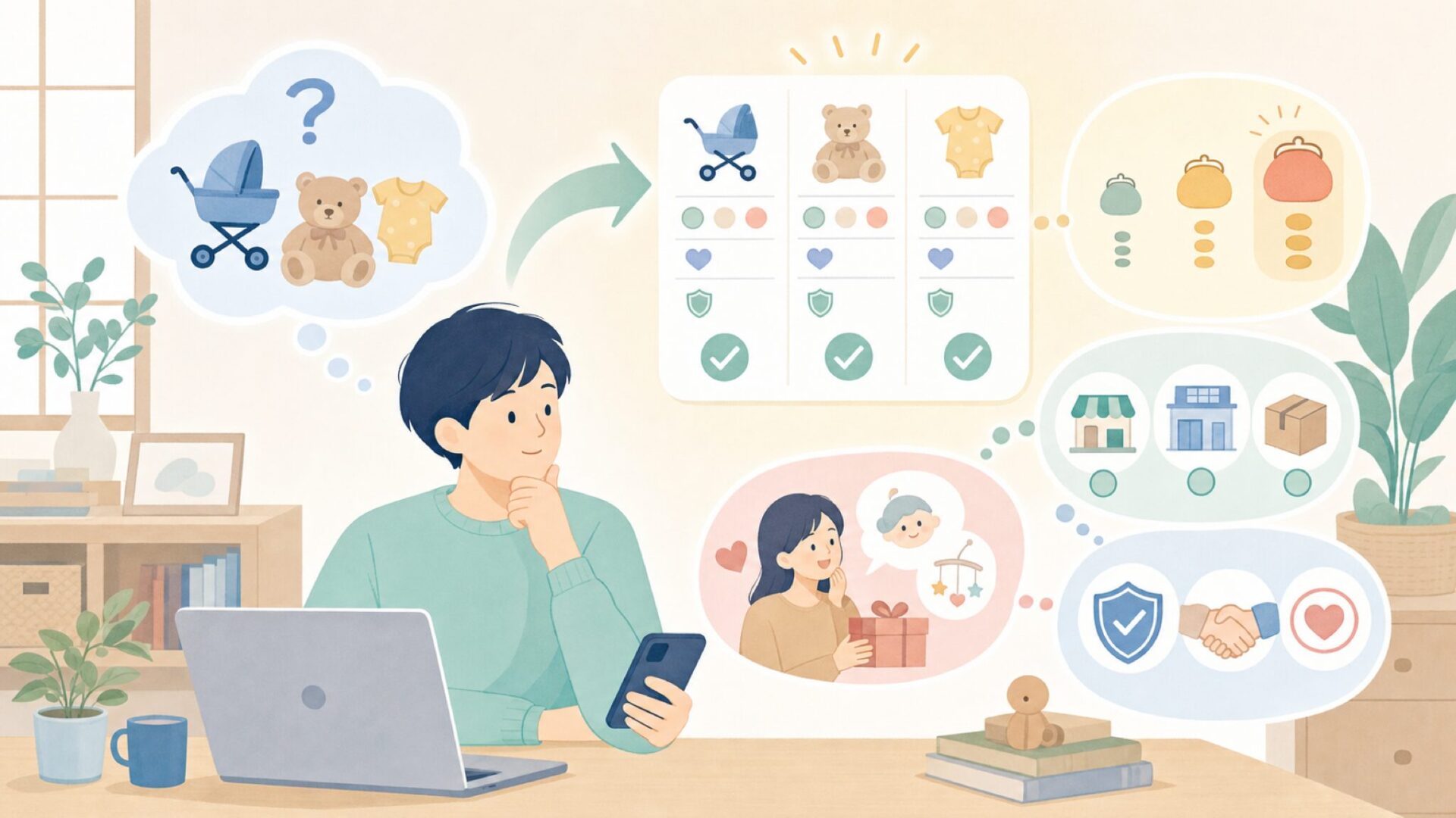 出産祝いや購入で迷ったときのヒントを表すイラスト