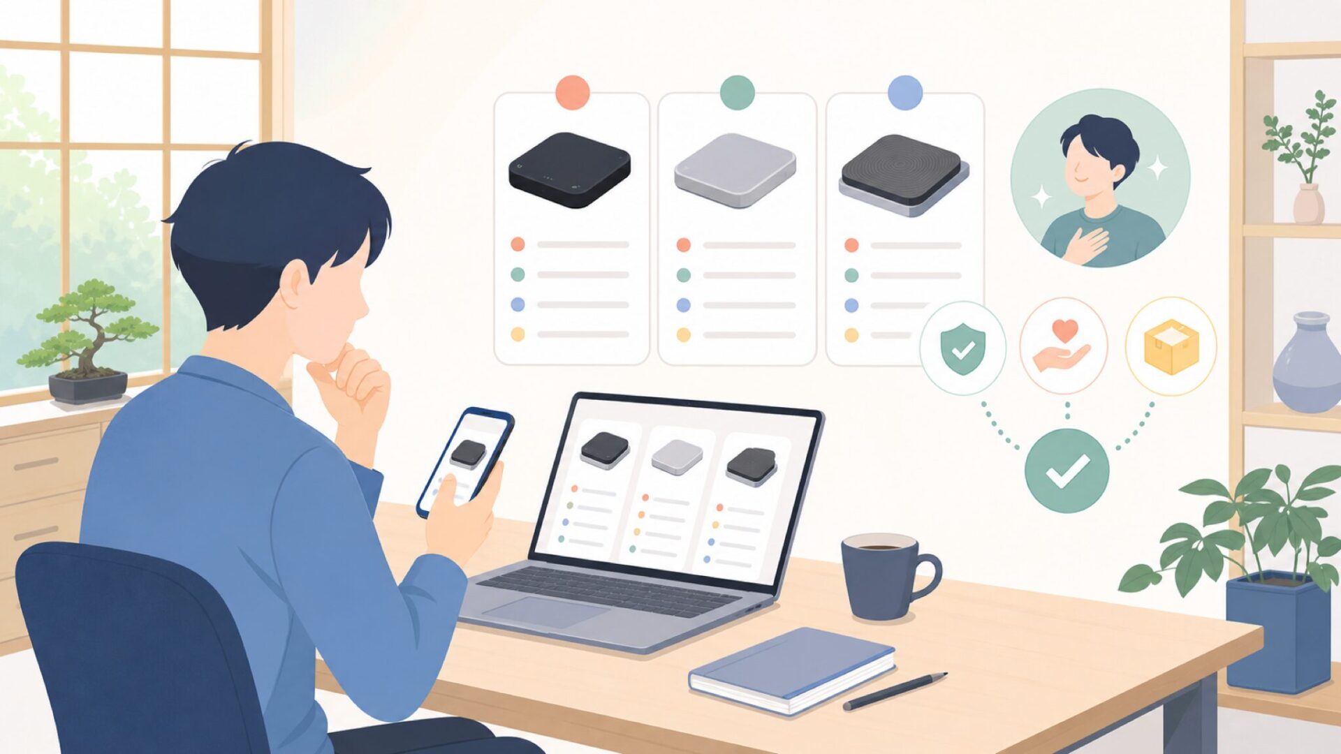 Acaiaを購入する前に確認したいポイントを表すイラスト