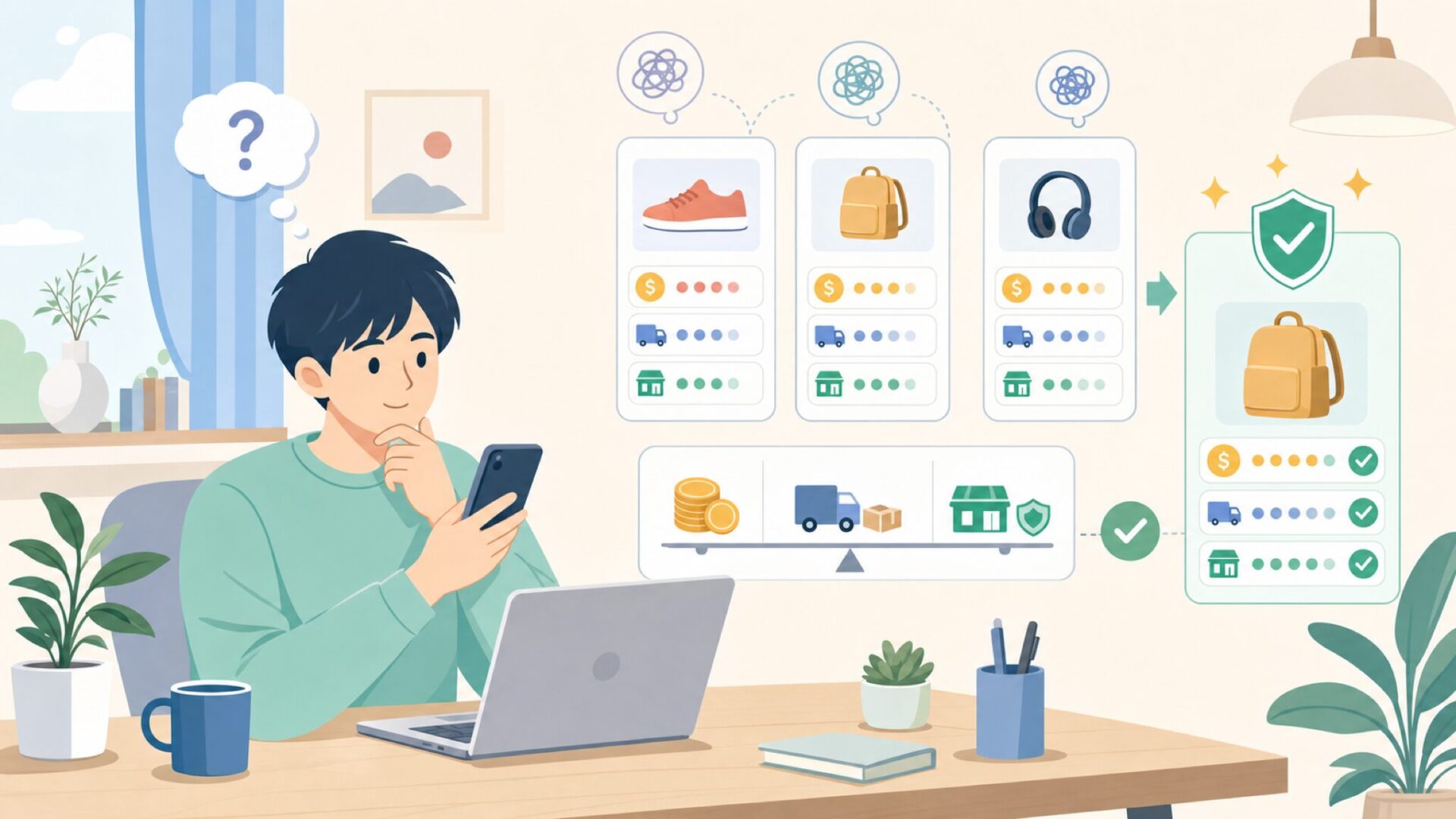 価格・送料・購入先を比較して賢く選ぶを表すイラスト