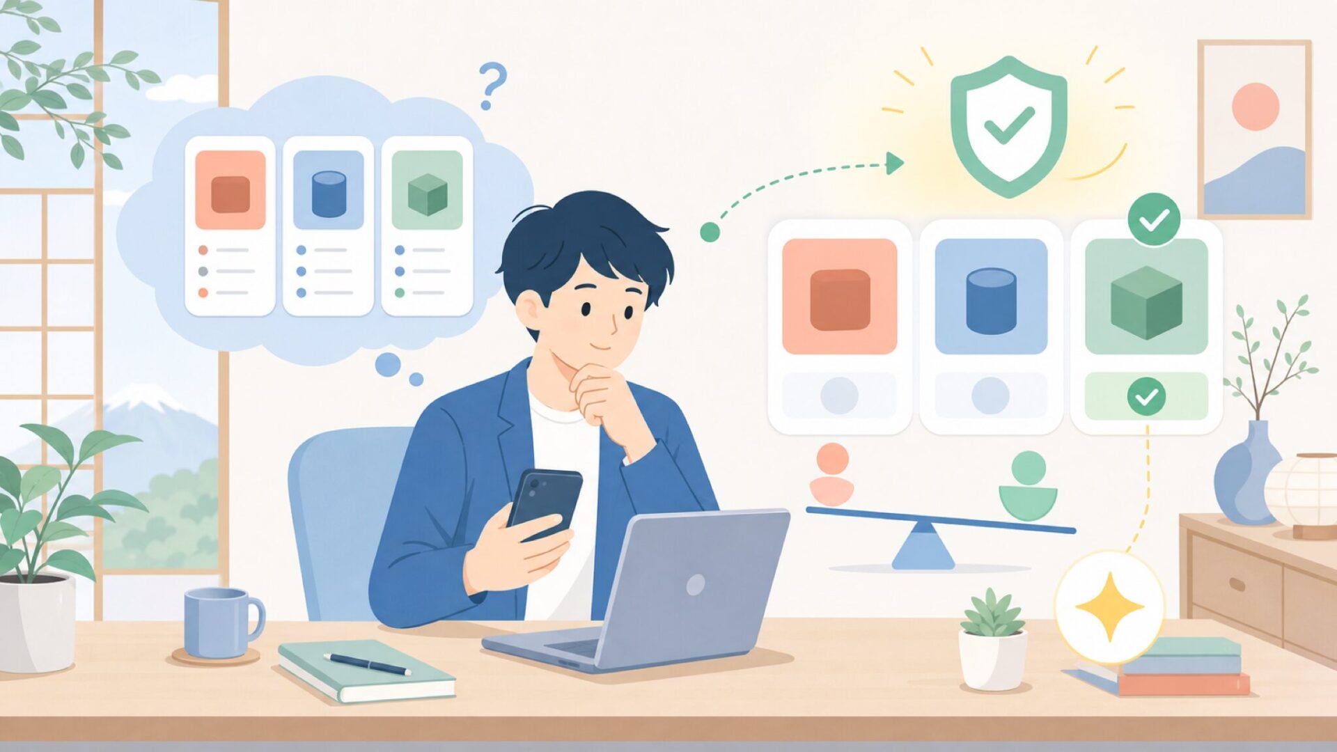 自分の作業に合うか見極めるチェックポイントを表すイラスト