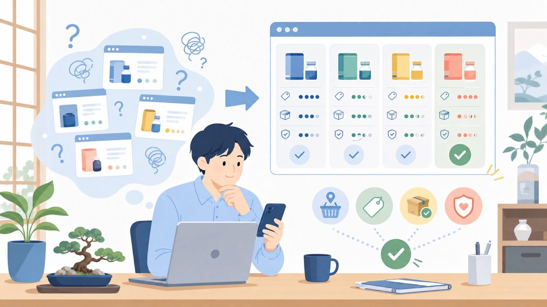 Salifertはどこで買える？購入先・価格・在庫を確認するポイントを表すイラスト