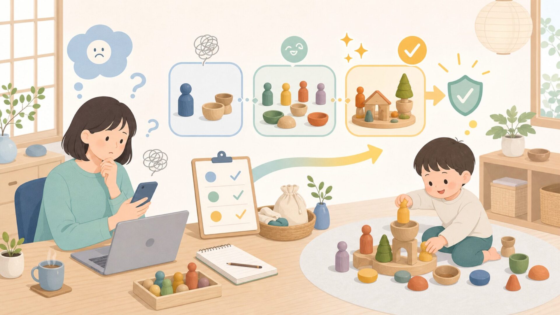 子どもがGrapatで遊ばないときに試したい工夫と継続のコツを表すイラスト