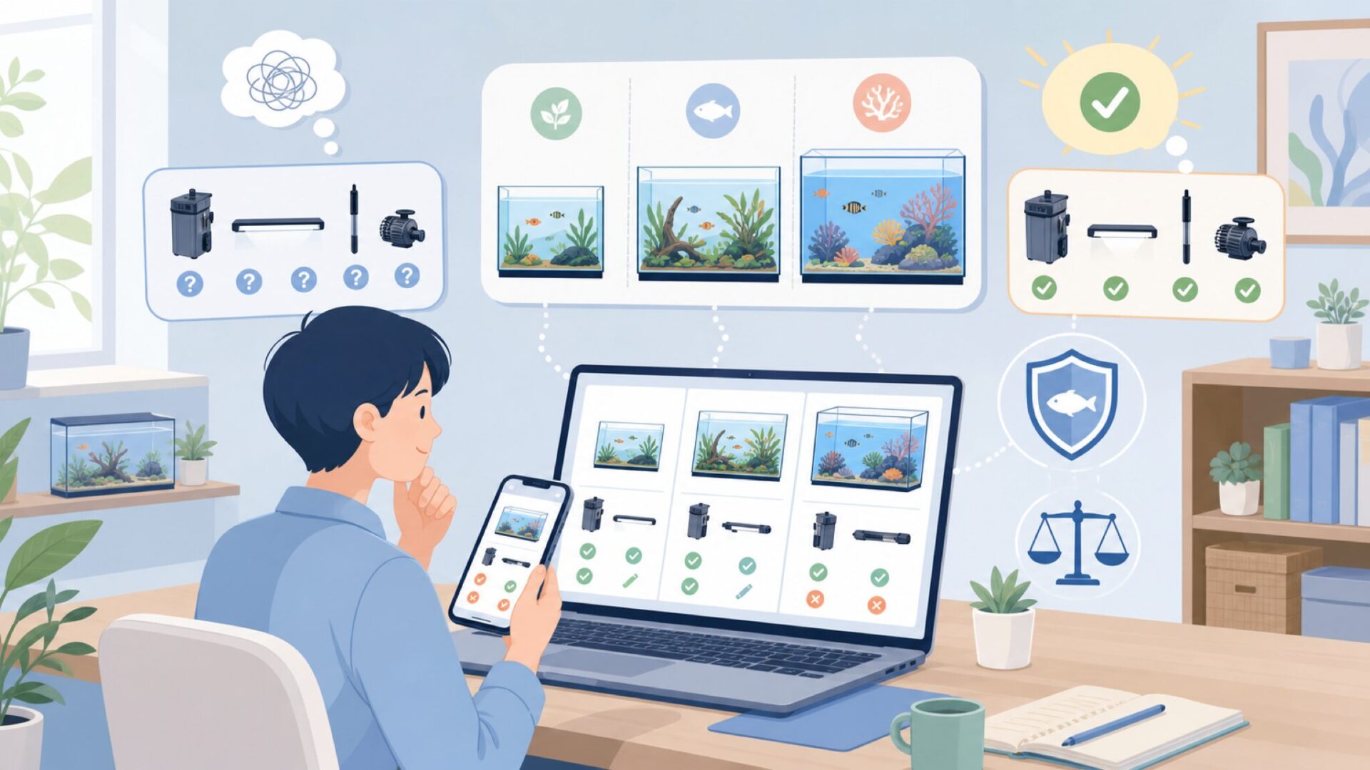 自分の水槽環境に合わせた選び方を表すイラスト
