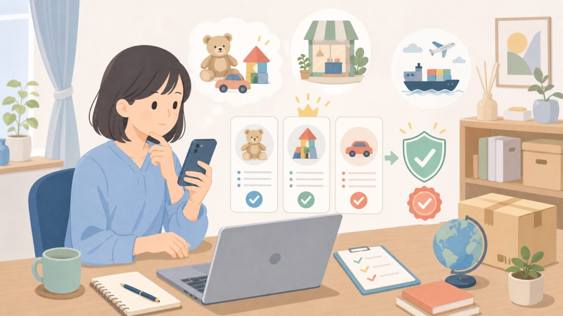 日本でEgmont Toysを購入する前に確認したいことを表すイラスト
