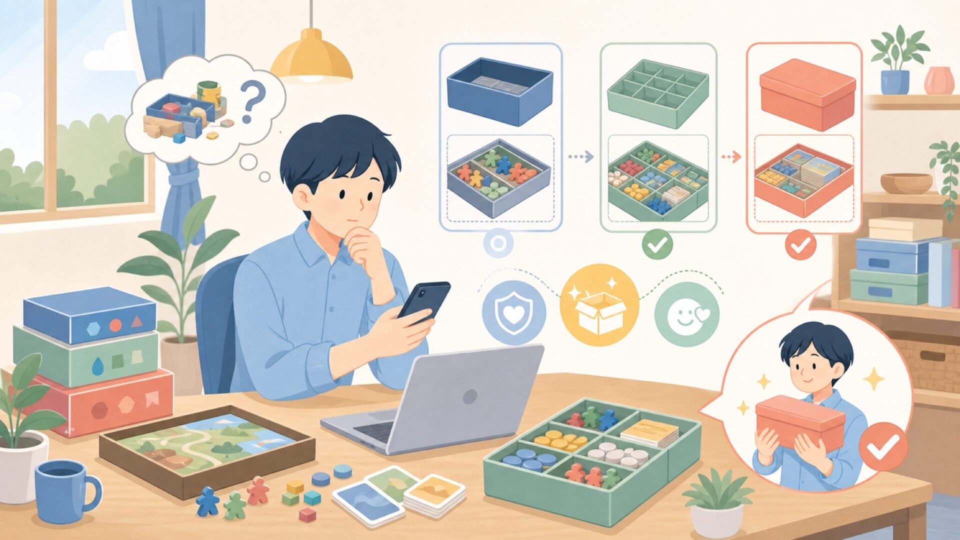 自分のボードゲームに合う収納用品の選び方を表すイラスト