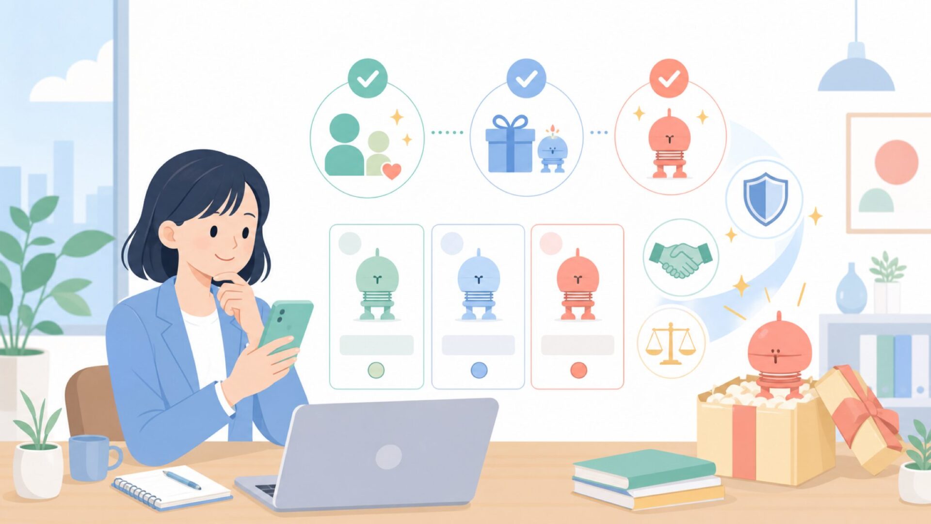 贈り先とシーンで選ぶ、Hoptimistギフト選びの3ポイントを表すイラスト