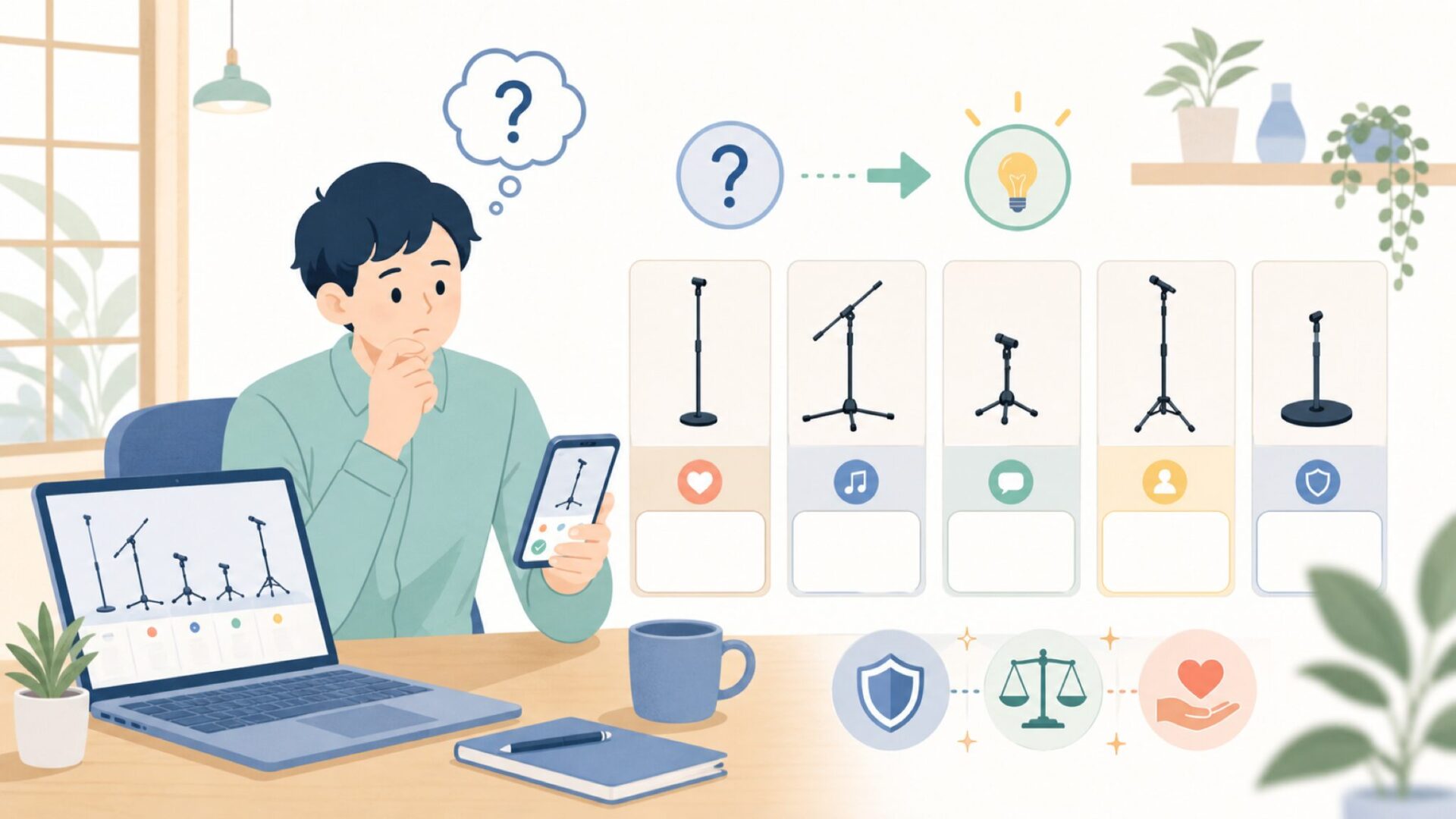 K&Mと他メーカーのマイクスタンド、用途別の選び方比較を表すイラスト