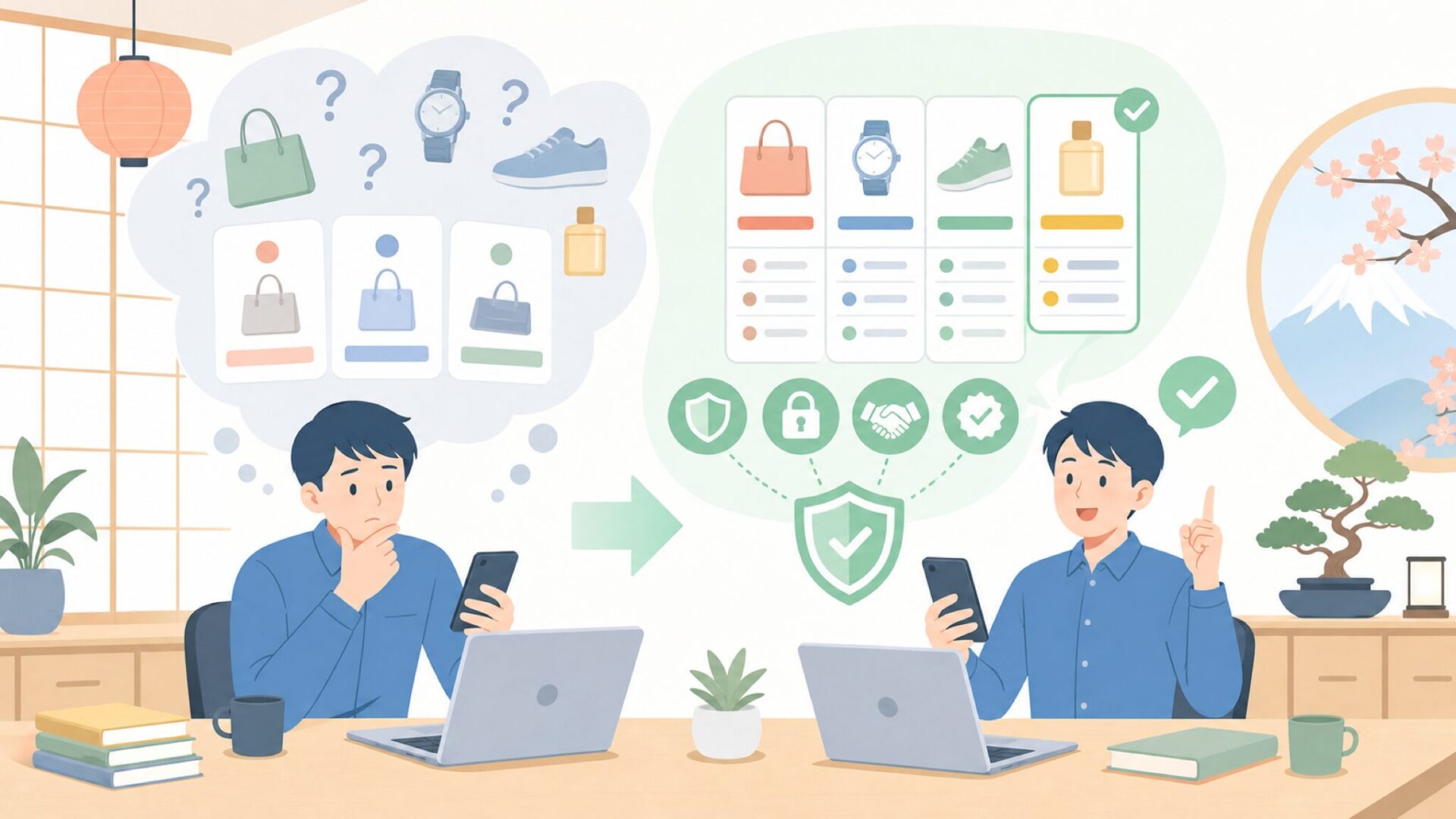 価格とショップ選びで失敗しないコツを表すイラスト