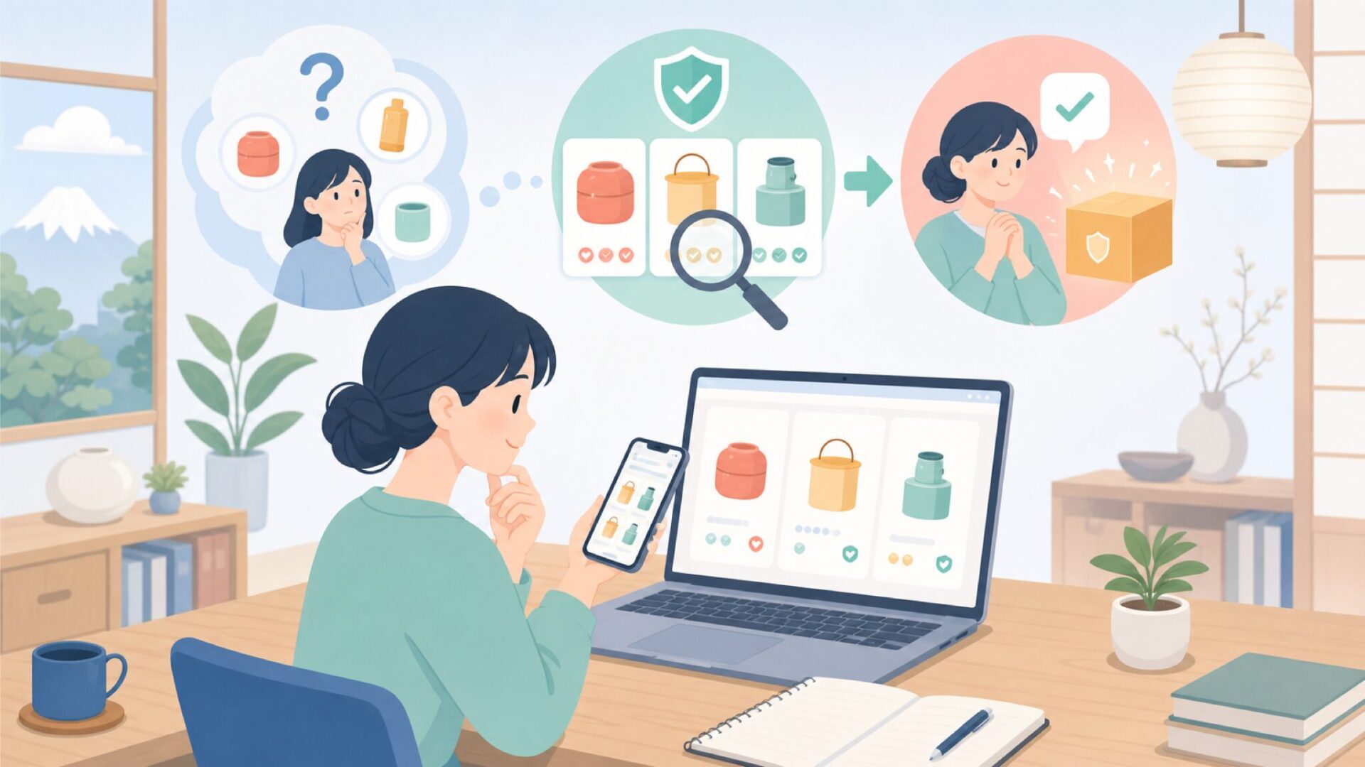 日本でQUALYを手に入れるには——購入先と確認ポイントを表すイラスト