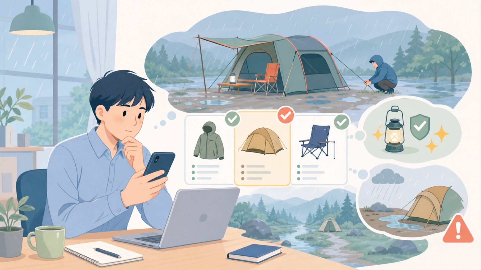 実際のキャンプシーンで感じるメリットと注意点を表すイラスト