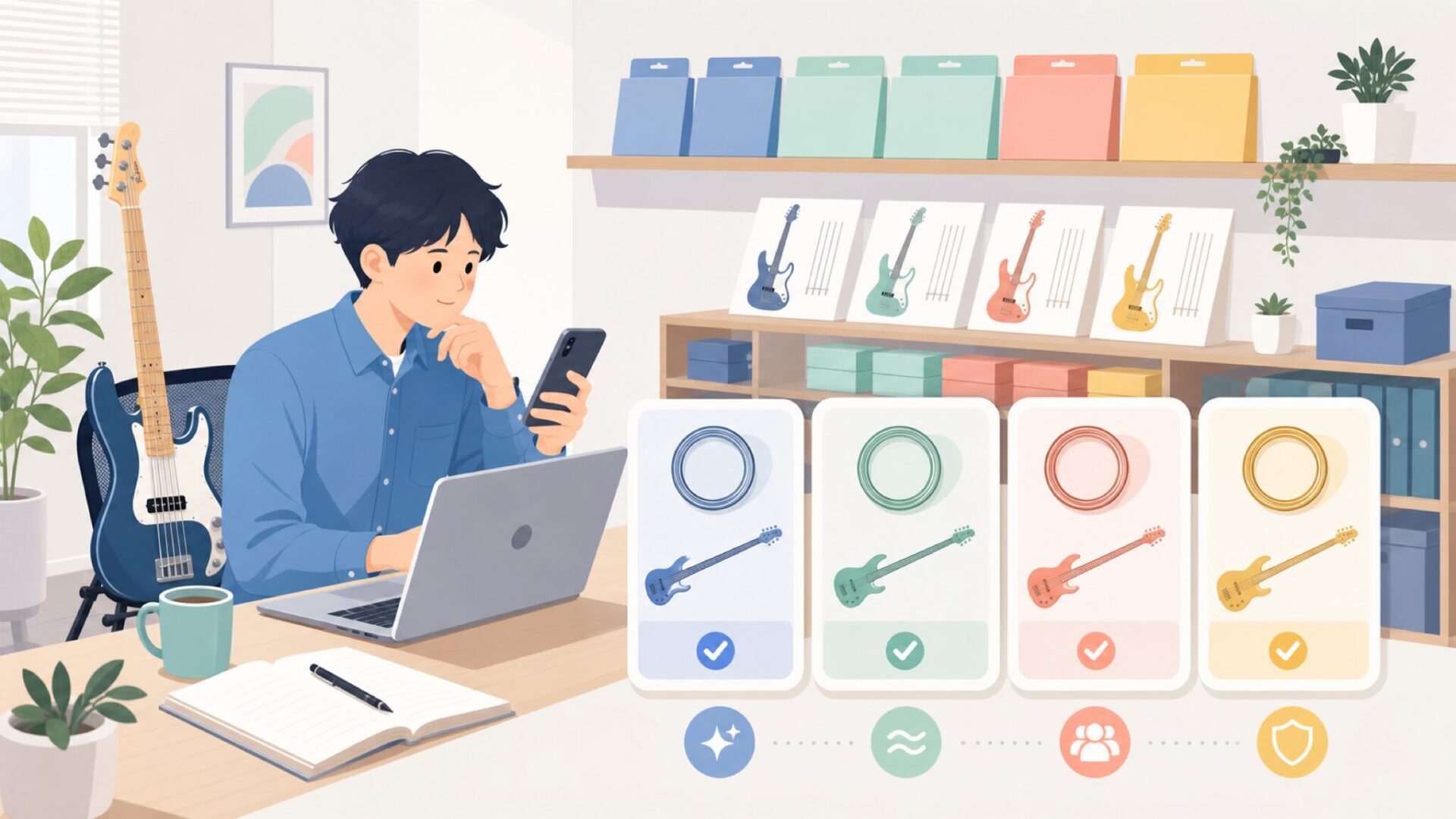 代表的なベース弦モデルと選び方を表すイラスト