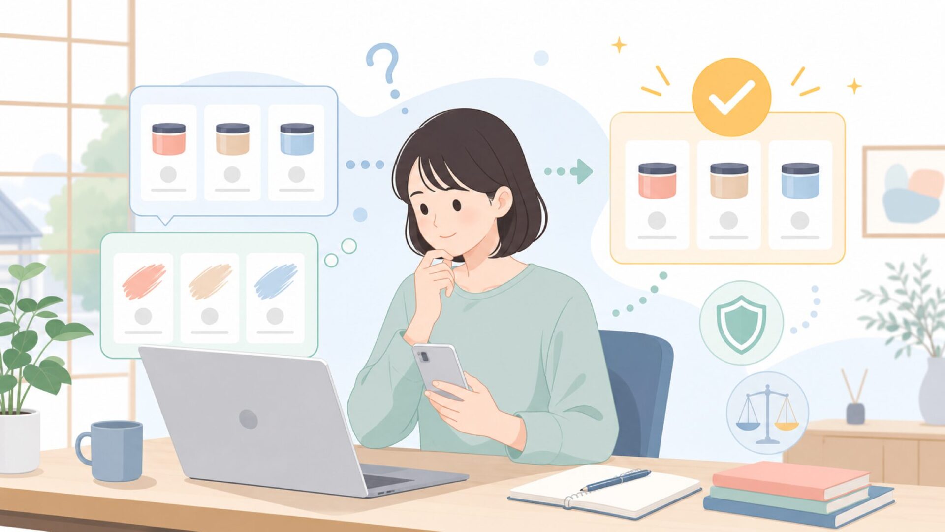購入前の比較・判断材料になる情報の集め方を表すイラスト