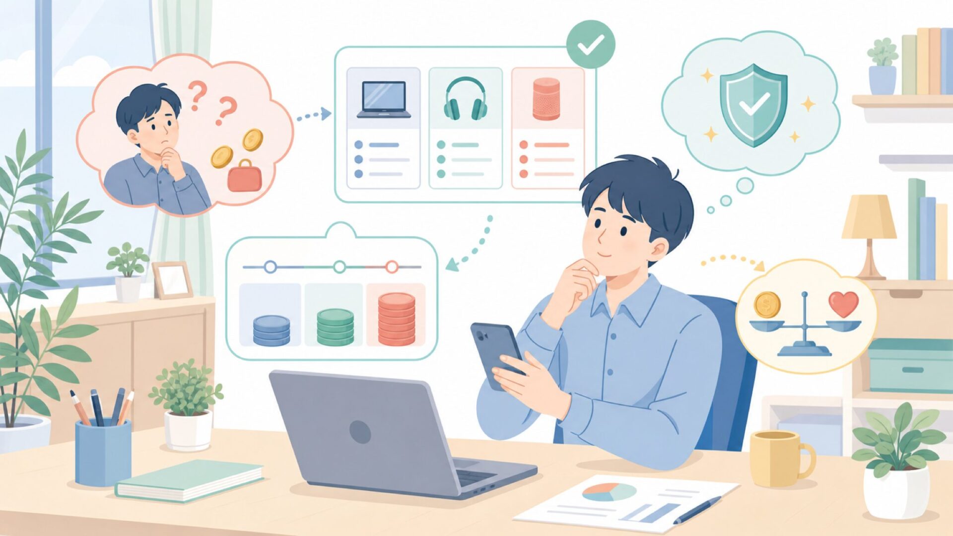 価格帯と予算の目安 — 買う前に知っておきたいお金の話を表すイラスト