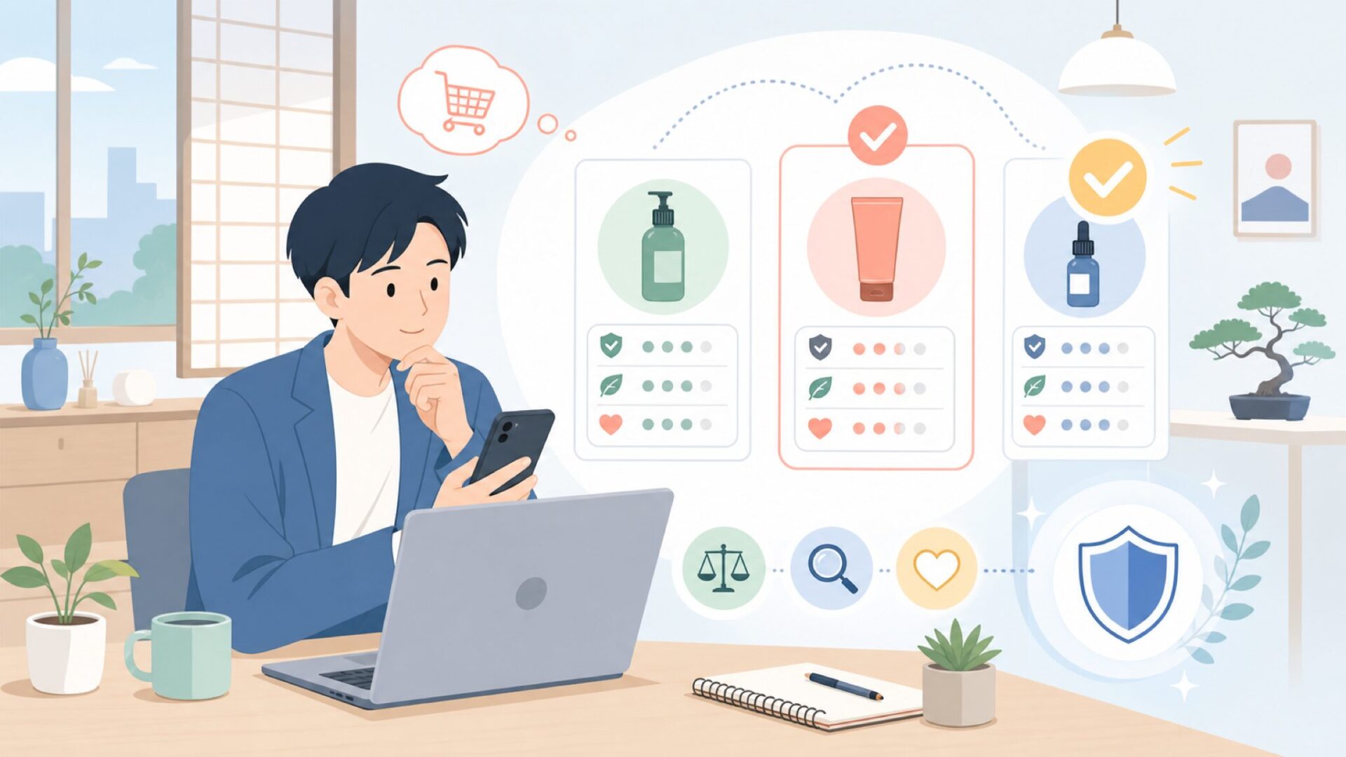 購入前にチェックしたいポイントと代替ブランド候補を表すイラスト