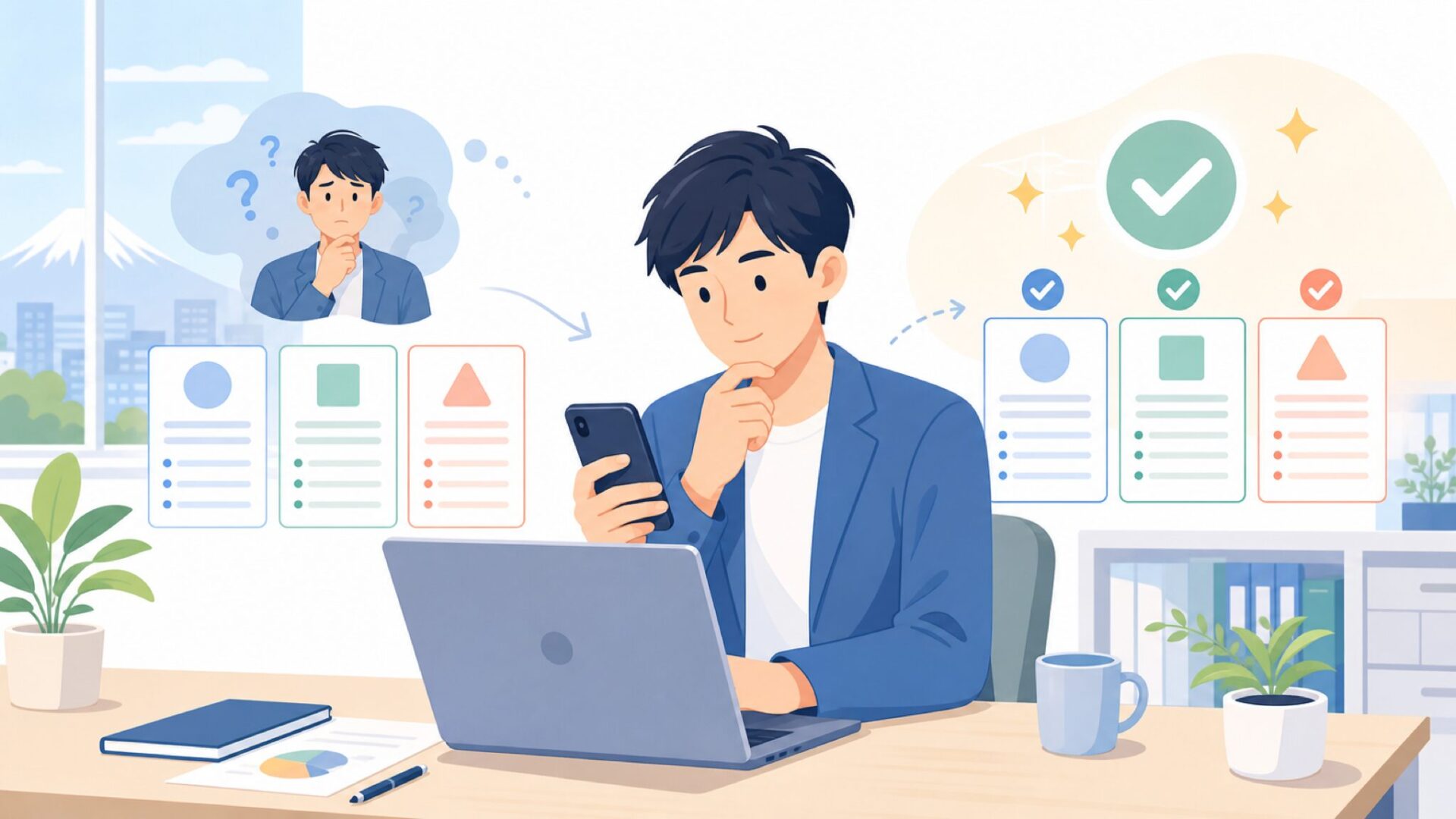 導入前に押さえておきたい比較・問い合わせのポイントを表すイラスト