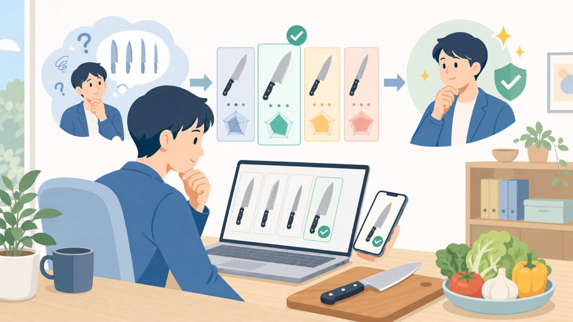 自分の使い方に合うWusthofの包丁タイプを選ぶを表すイラスト