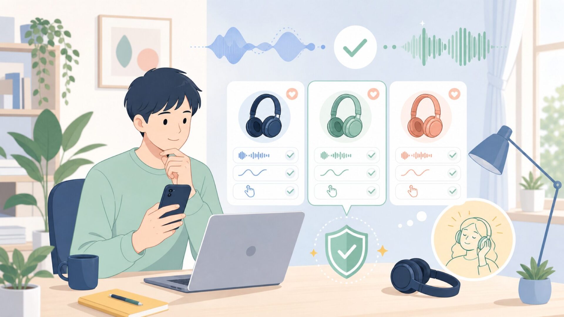 音質や使い勝手で選ぶときのポイントを表すイラスト