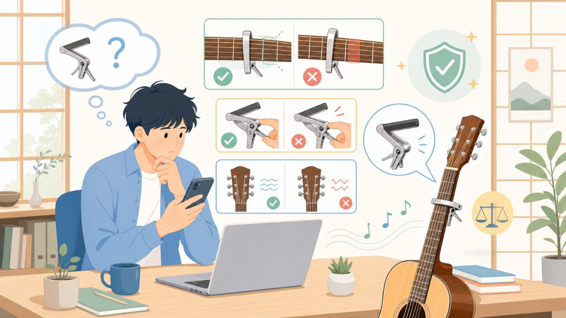 Shubbカポの付け方とチューニングを崩さないコツを表すイラスト