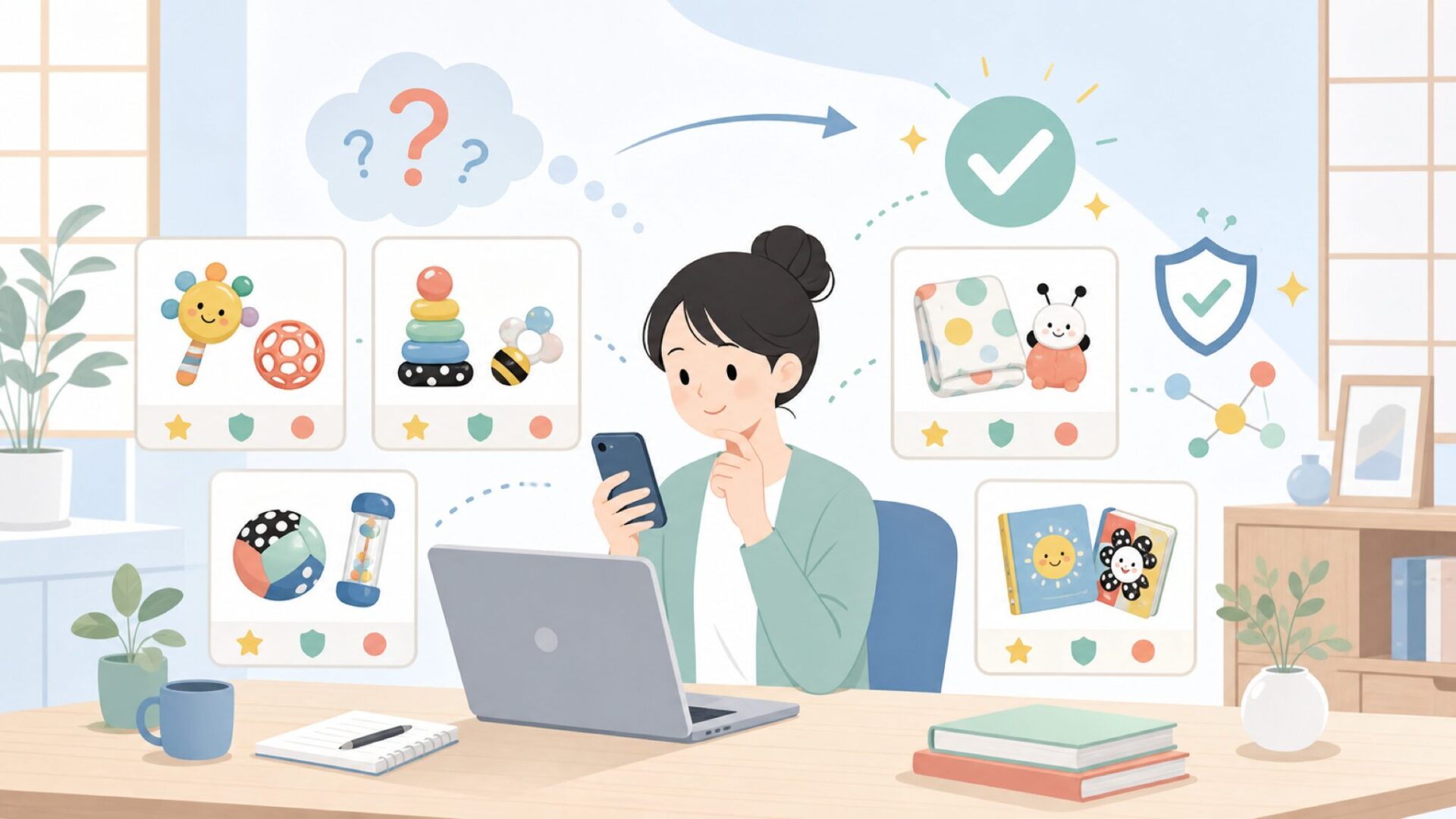 カテゴリ別に見るSassy定番人気商品——おもちゃから絵本までを表すイラスト