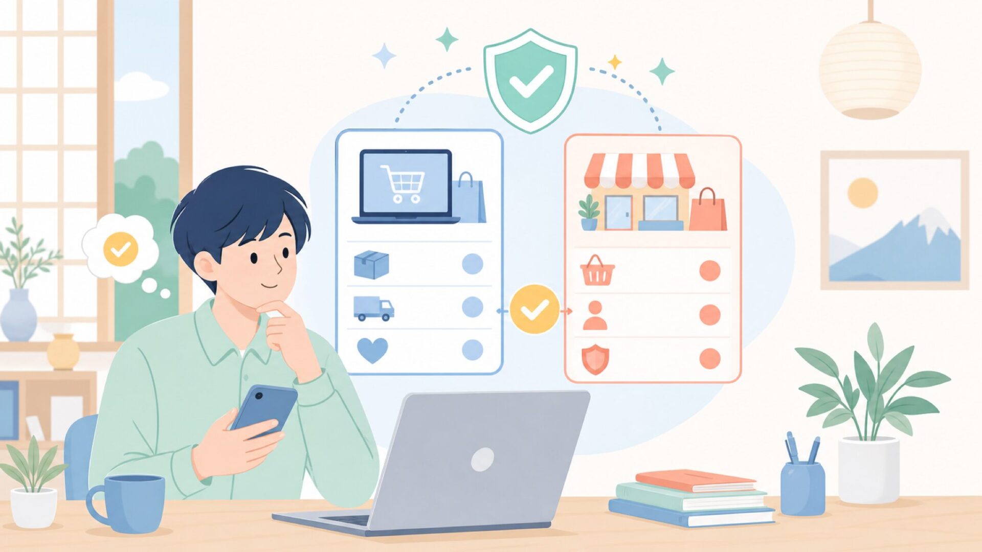 購入先で失敗しないための選び方(通販・店舗)を表すイラスト