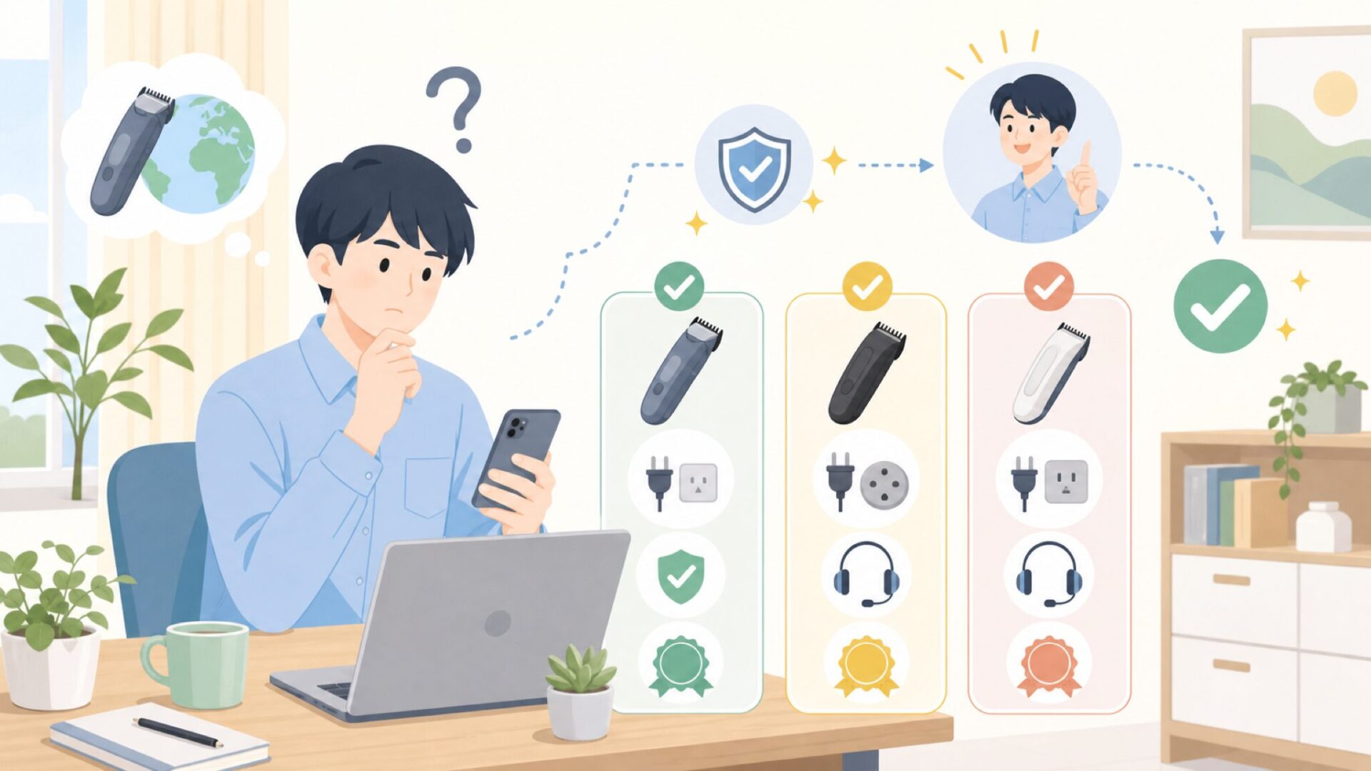 日本で使う前に確認したい3つのポイントを表すイラスト
