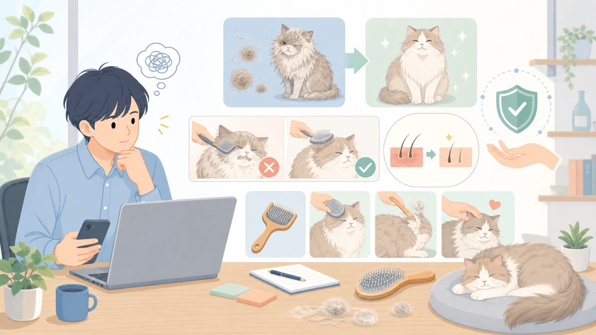 毛玉・換毛期に差がつくブラッシングの実践ポイントを表すイラスト