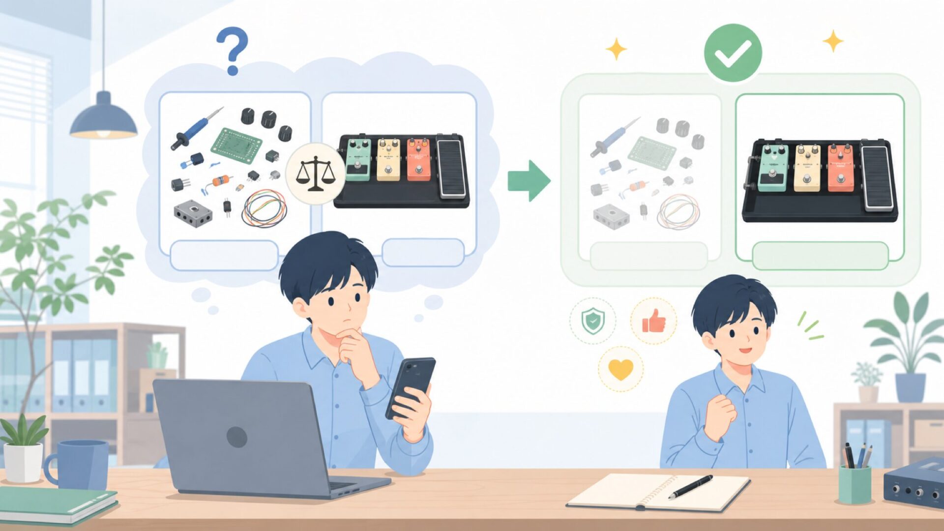 自作するか既製品を選ぶか。エフェクターボードでの判断基準を表すイラスト