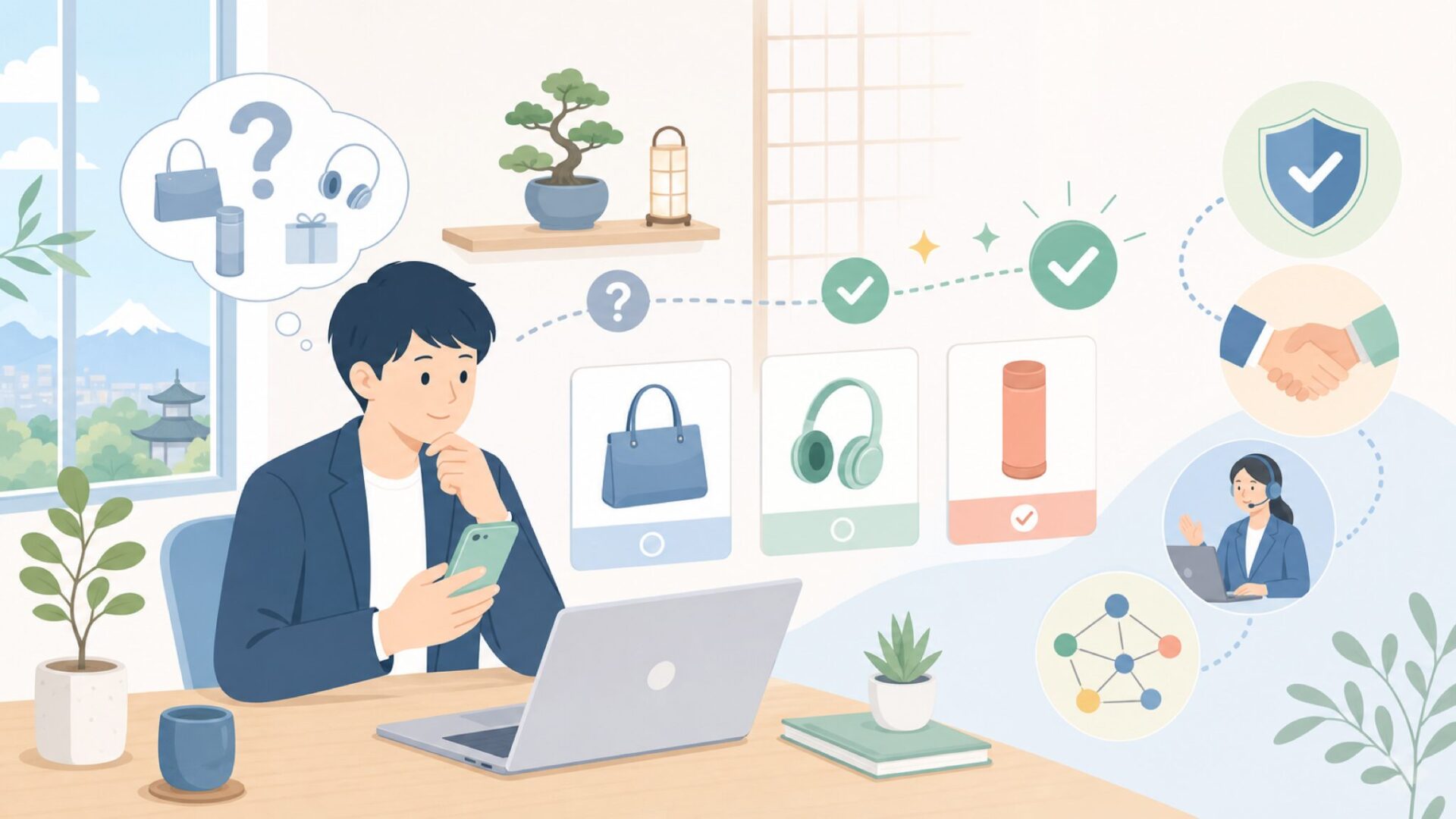 日本で相談・購入するにはどこに問い合わせればいい？を表すイラスト
