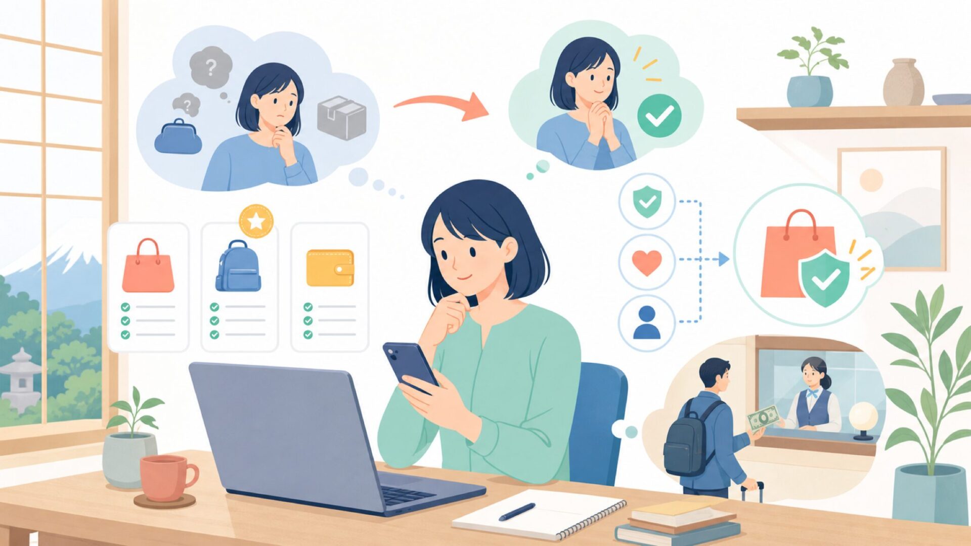日本で購入する前に確認したいポイントを表すイラスト