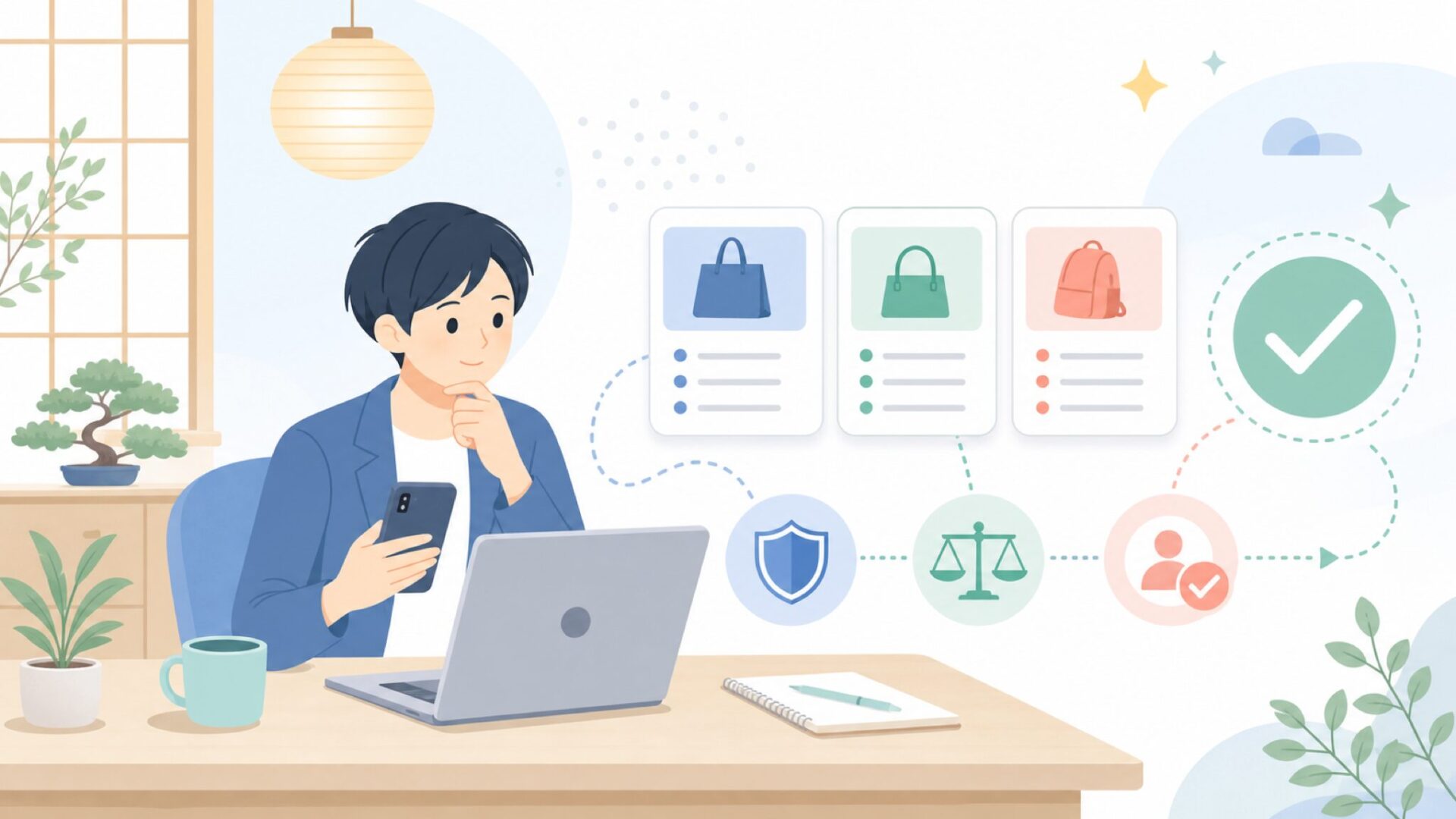 購入前に確認しておきたい3つのポイントを表すイラスト