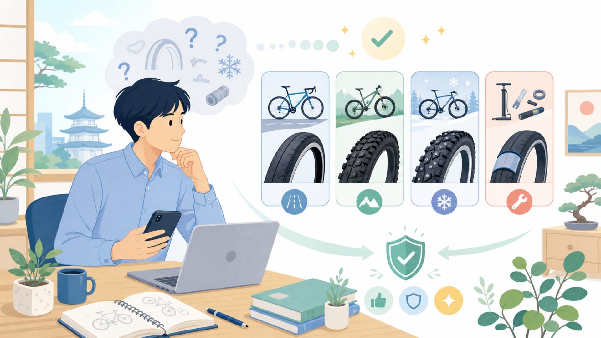 用途別に見るSchwalbeタイヤの選び方を表すイラスト