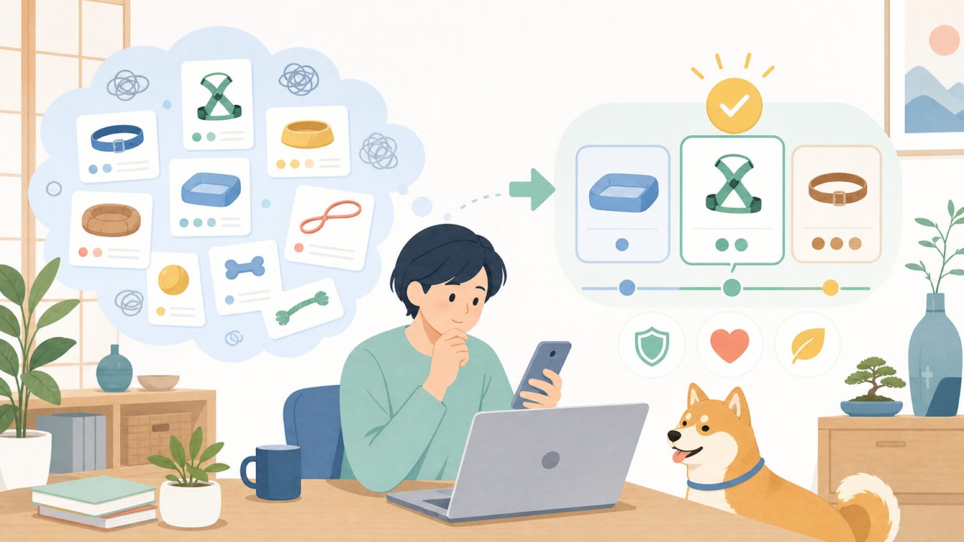 愛犬に合うおすすめアイテムの選び方を表すイラスト