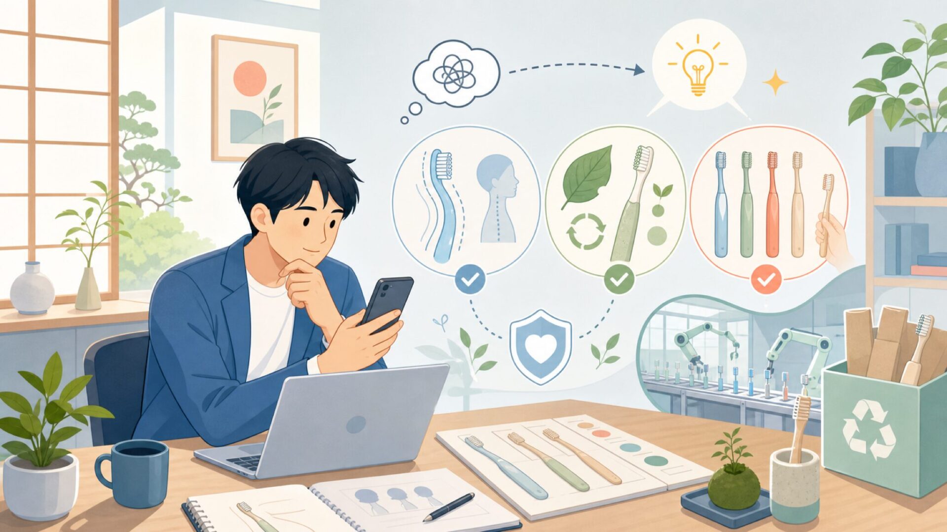 Jordanのブランド哲学ー人間工学設計とサステナブルなものづくりを表すイラスト