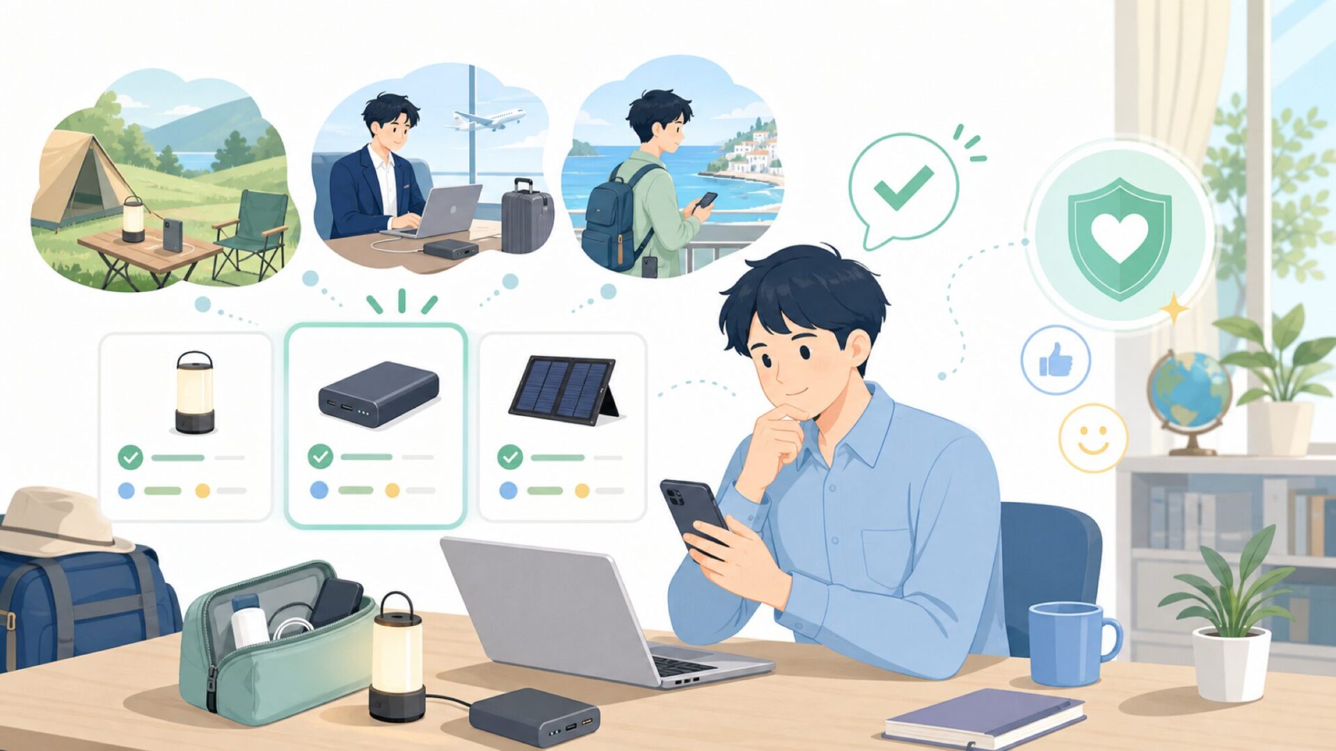 キャンプ・出張・旅行での使い方をイメージするを表すイラスト