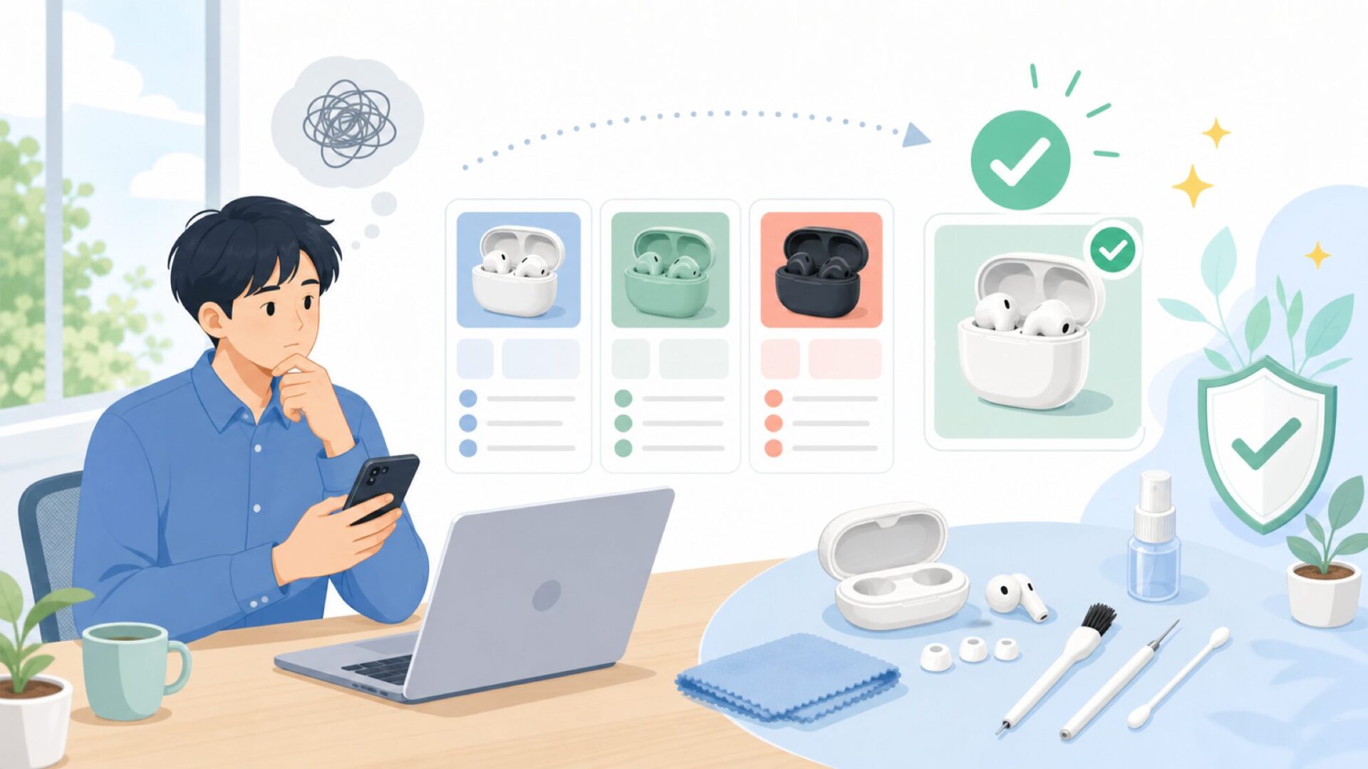 長く使うためのメンテナンスと類似ブランドとの比較を表すイラスト