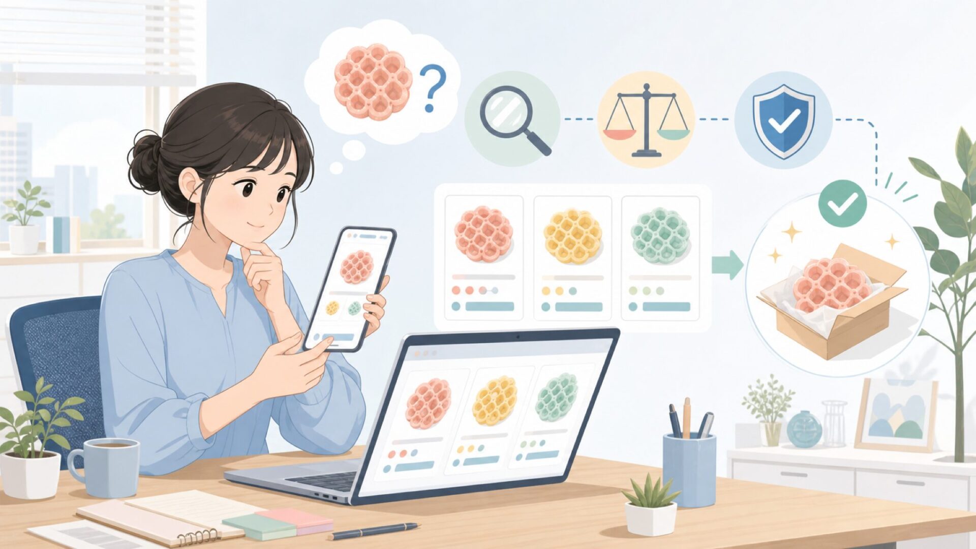 初めてWaffle Flowerを買う前に確認したいことを表すイラスト
