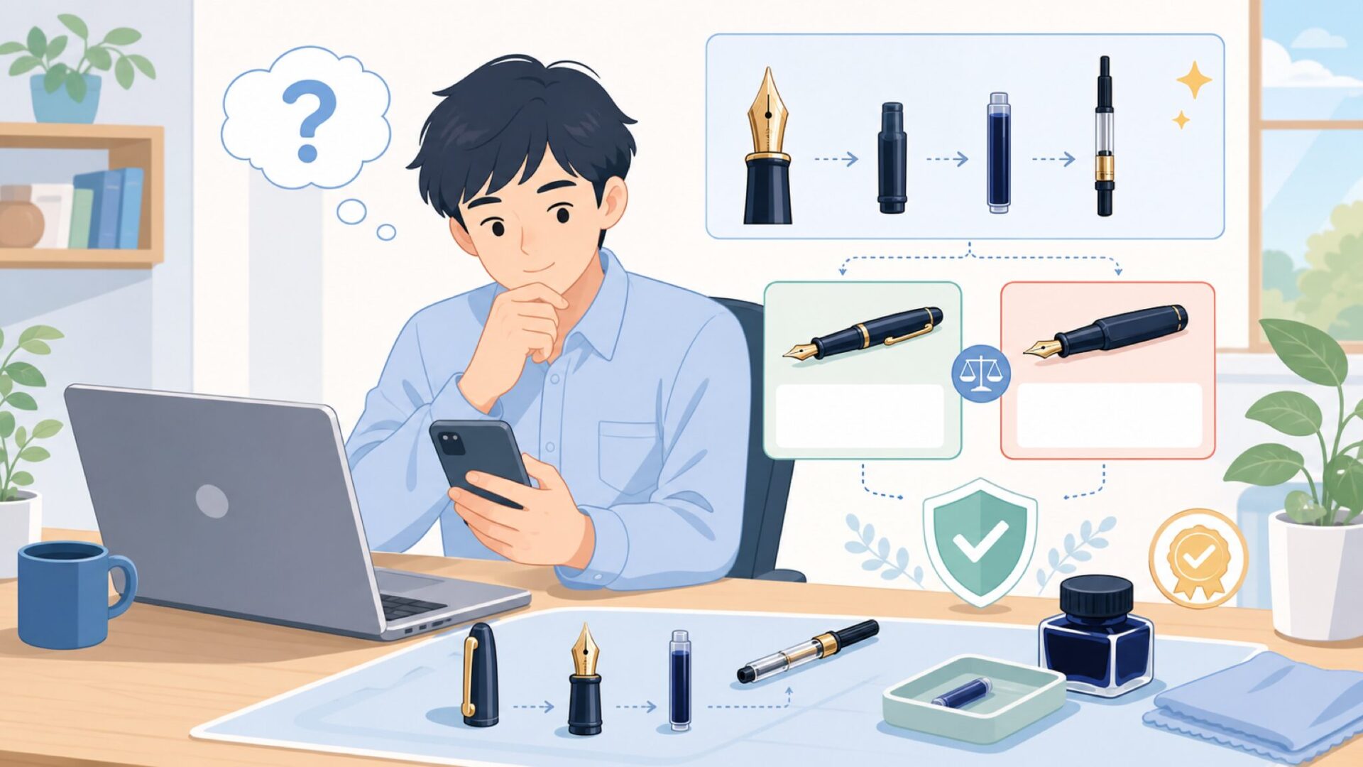 Kawecoの万年筆の使い方とインクの入れ方を表すイラスト