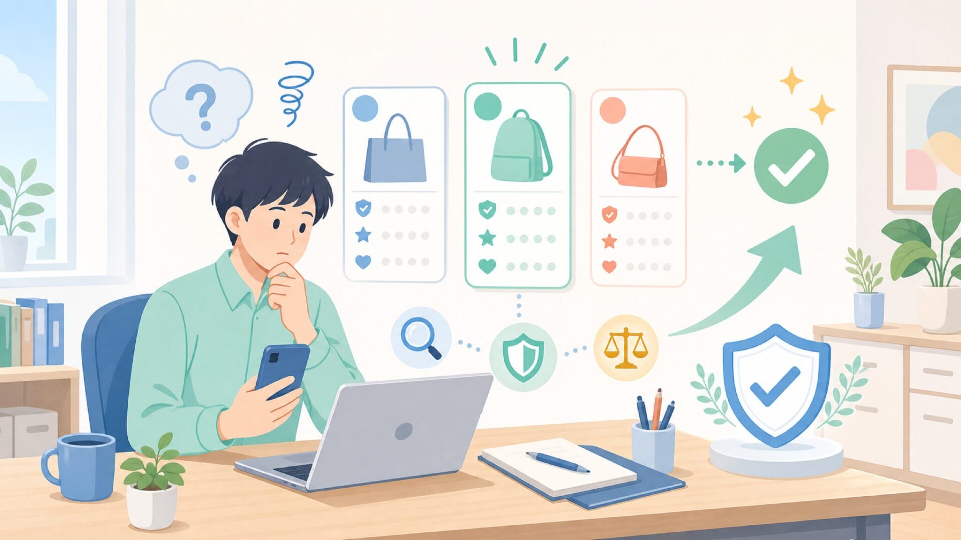 価格に見合う理由と購入前に確認したいポイントを表すイラスト