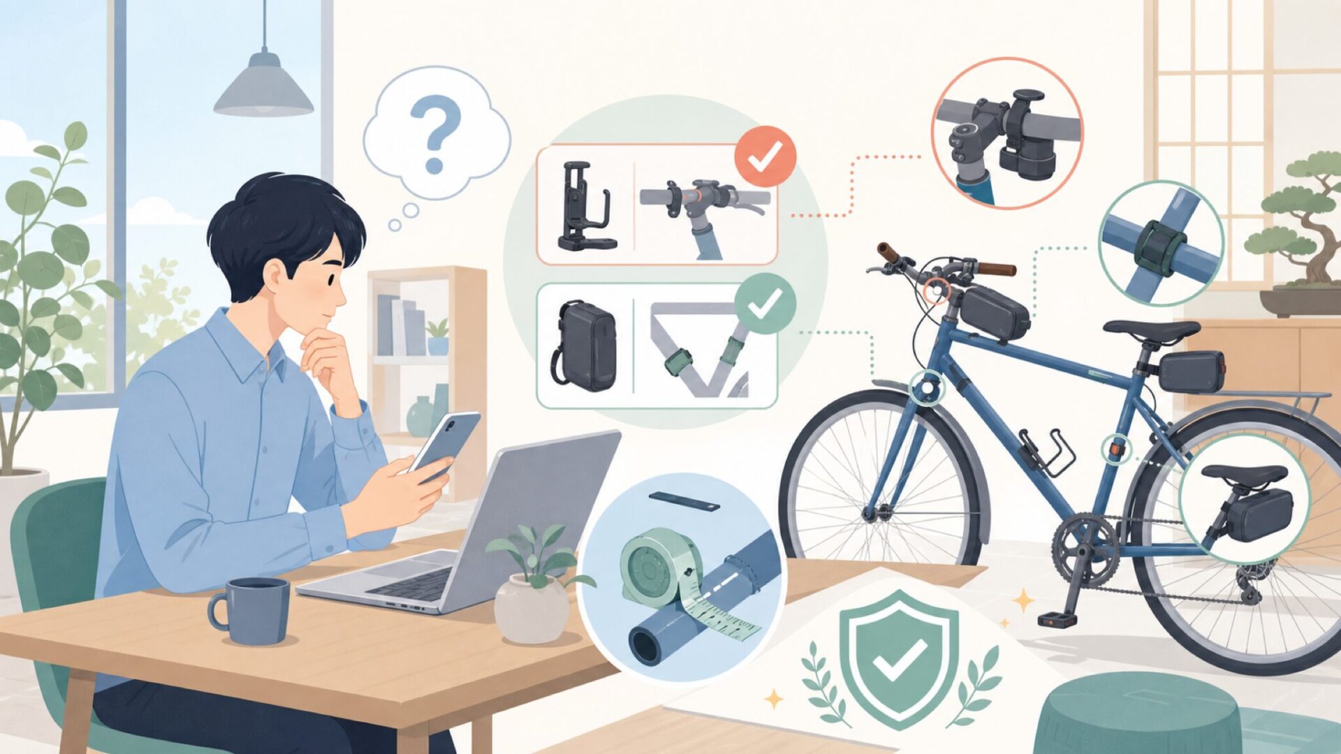 自分の自転車に取り付けられる?サイズと装着の確認ポイントを表すイラスト
