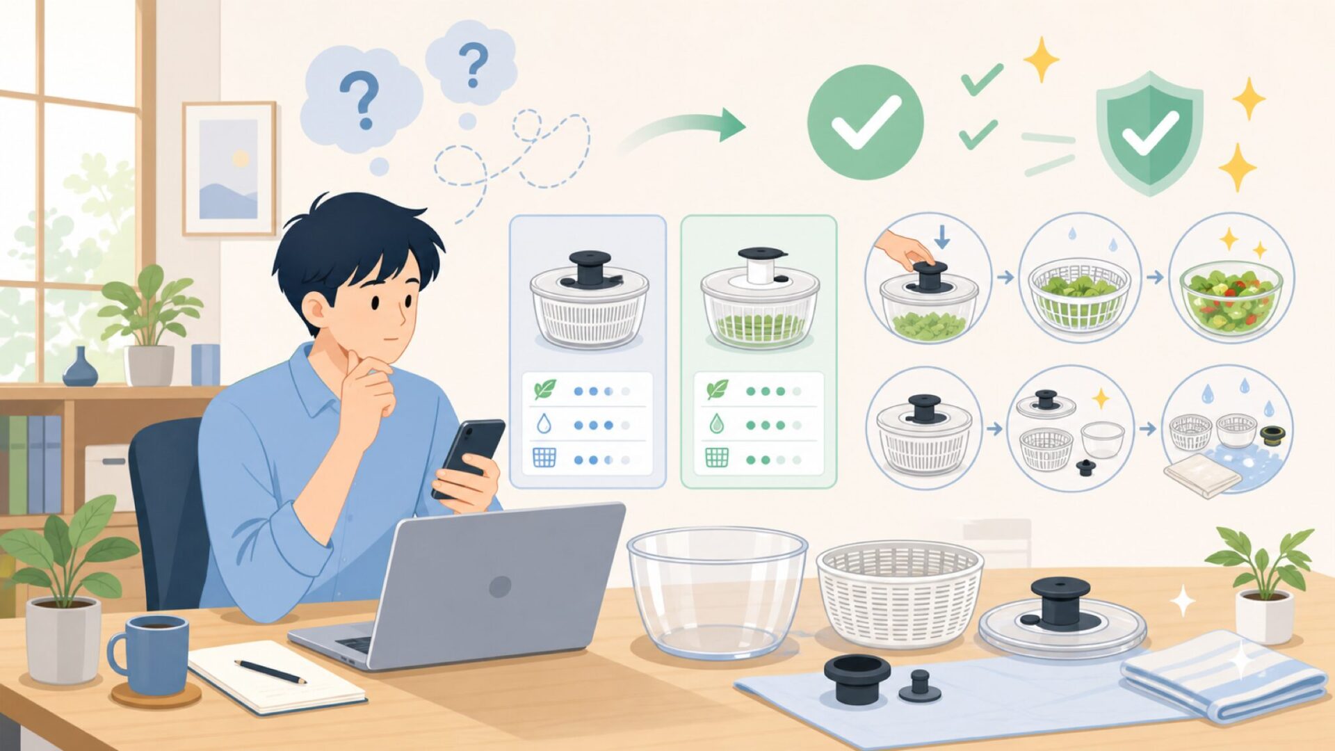OXOサラダスピナーの使い方と分解方法・洗い方を表すイラスト