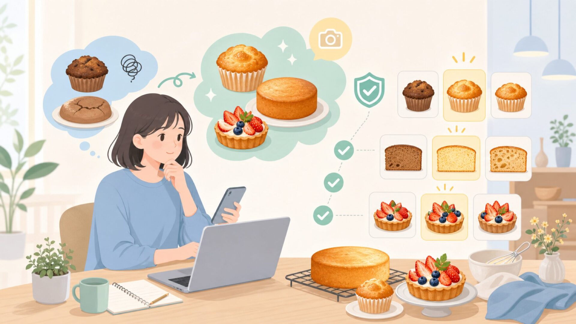 焼き上がりが美しく仕上がる理由と楽しみ方を表すイラスト