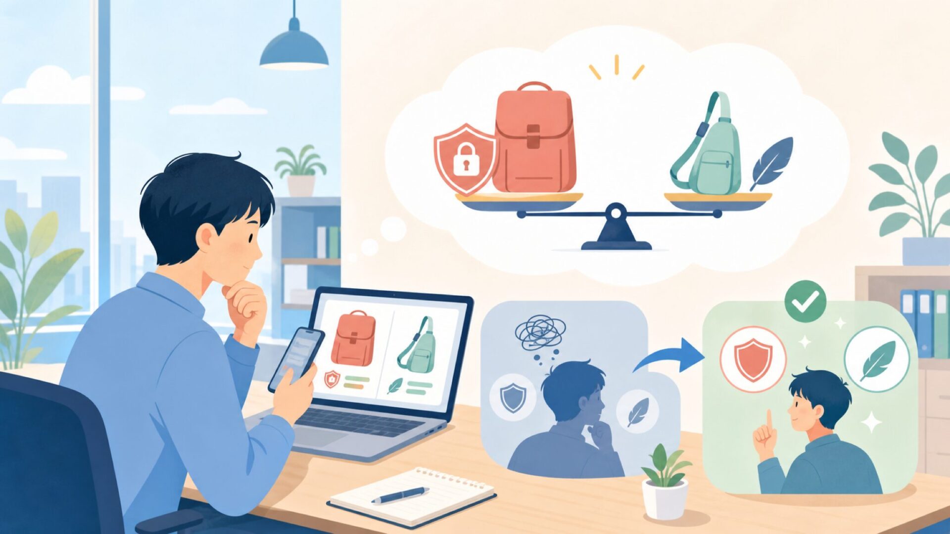 安全性と重さのバランスをどう見極めるかを表すイラスト