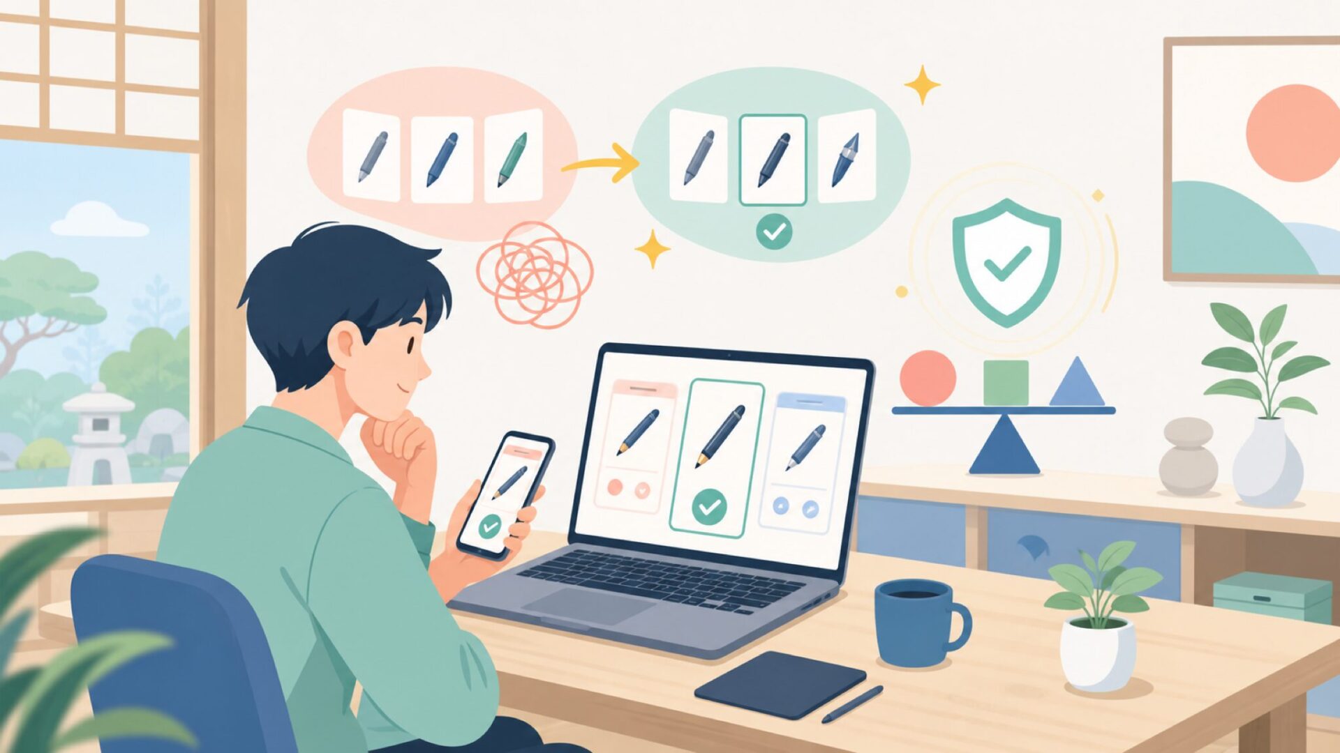 自分の描き方に合う一枚を選ぶポイントを表すイラスト