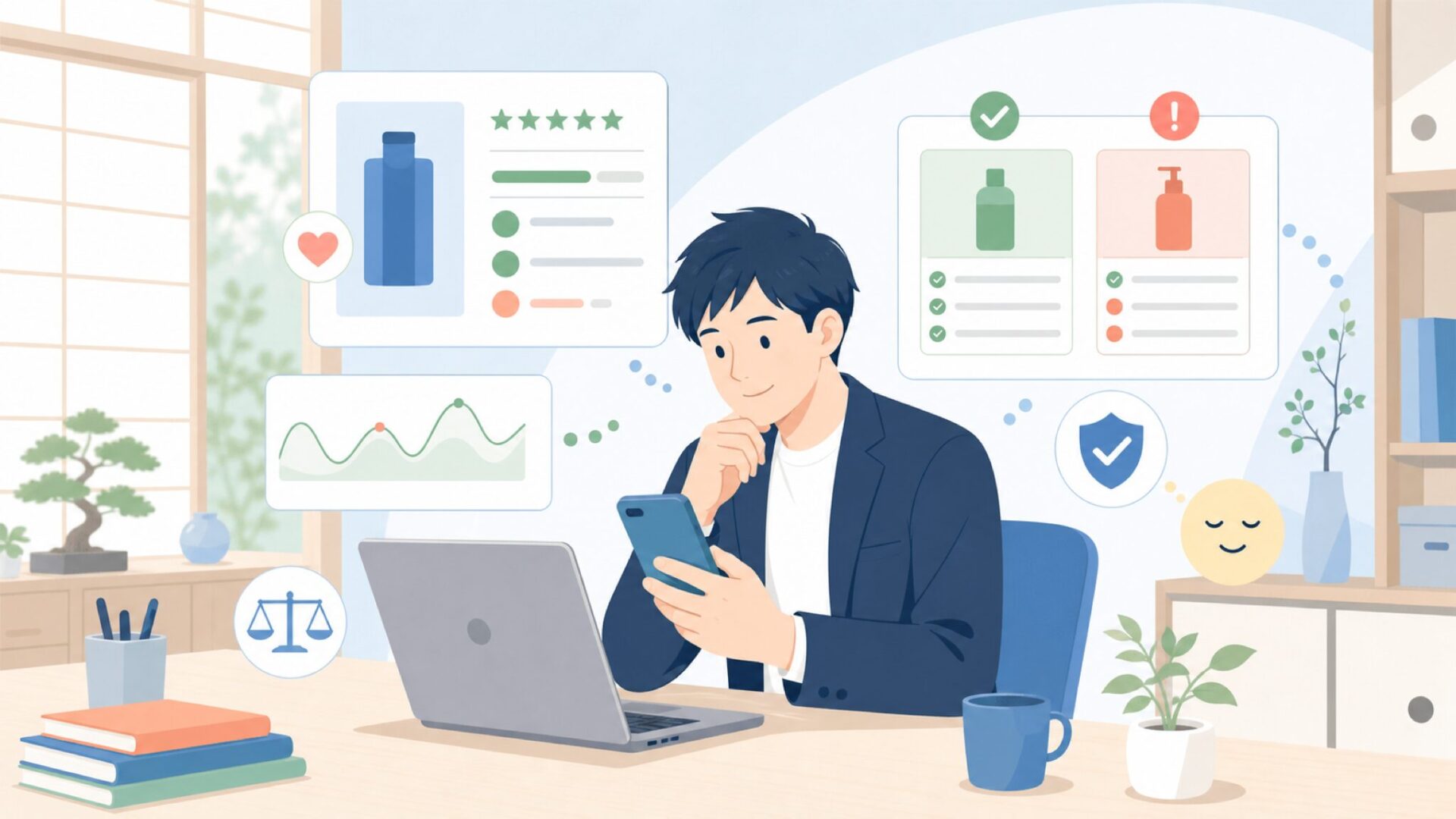気になる評判・レビュー傾向から見える強みと注意点を表すイラスト