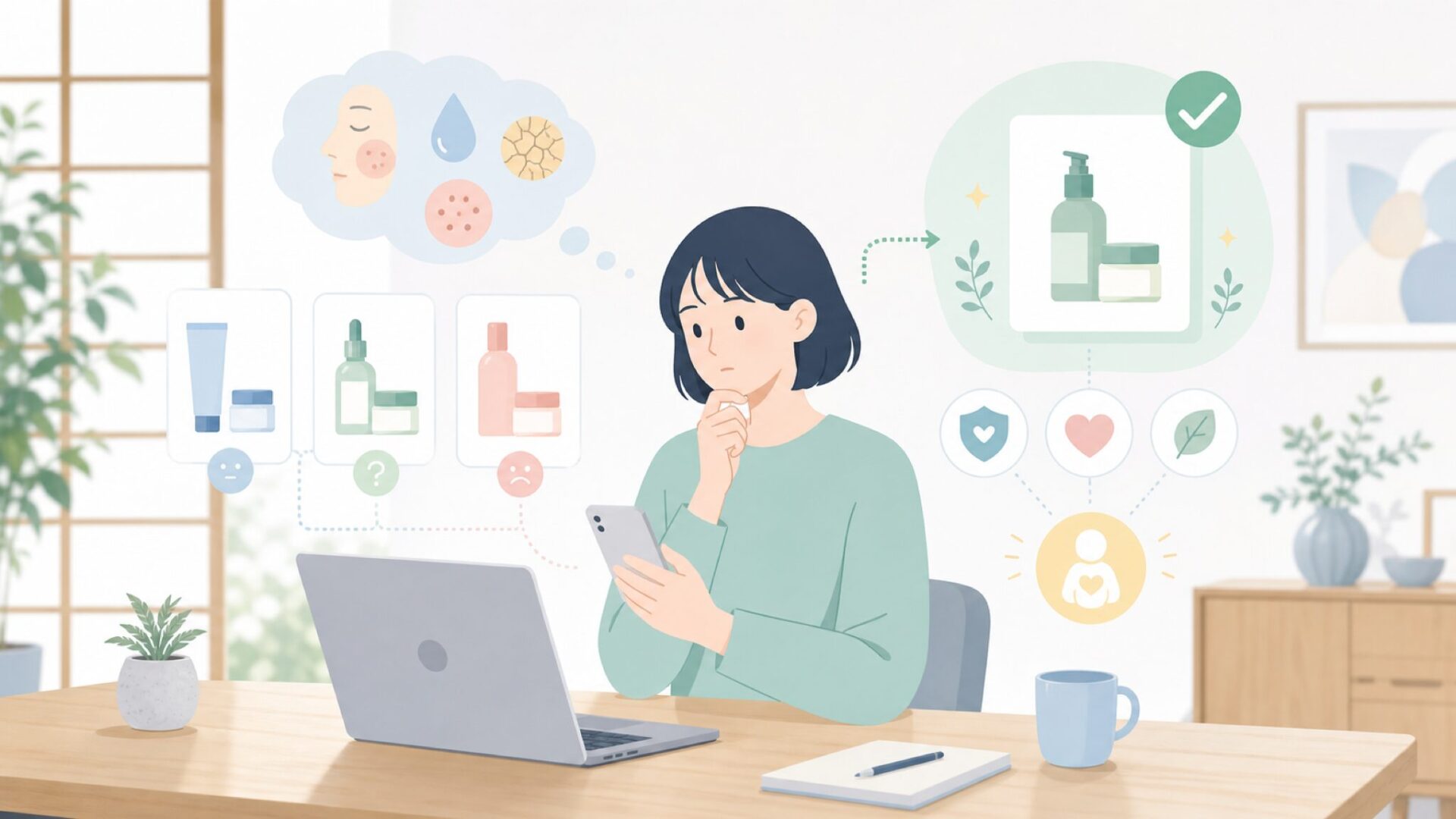 自分の肌悩みに合うブランドか見極めるを表すイラスト