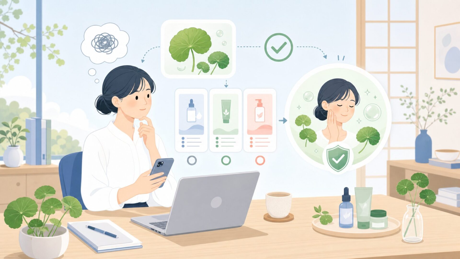 センテラ（CICA）配合と敏感肌への配慮を表すイラスト