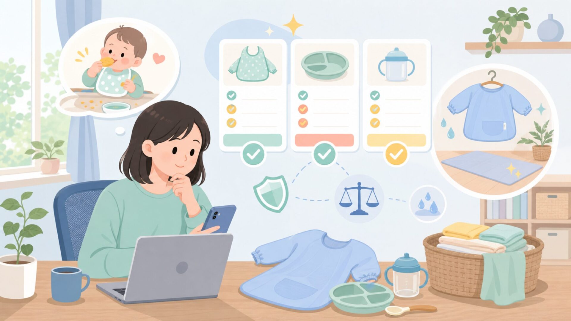 つかみ食べ期に選ばれる実用面のメリットを表すイラスト