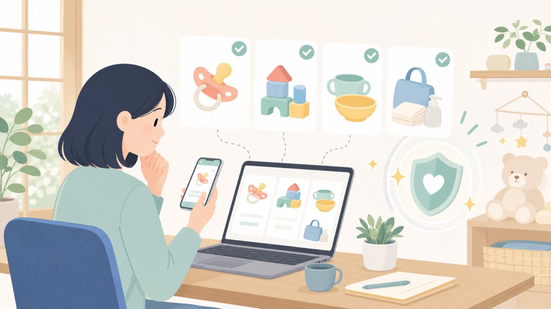 mushieはおしゃぶり・おもちゃも展開するライフスタイルブランドを表すイラスト