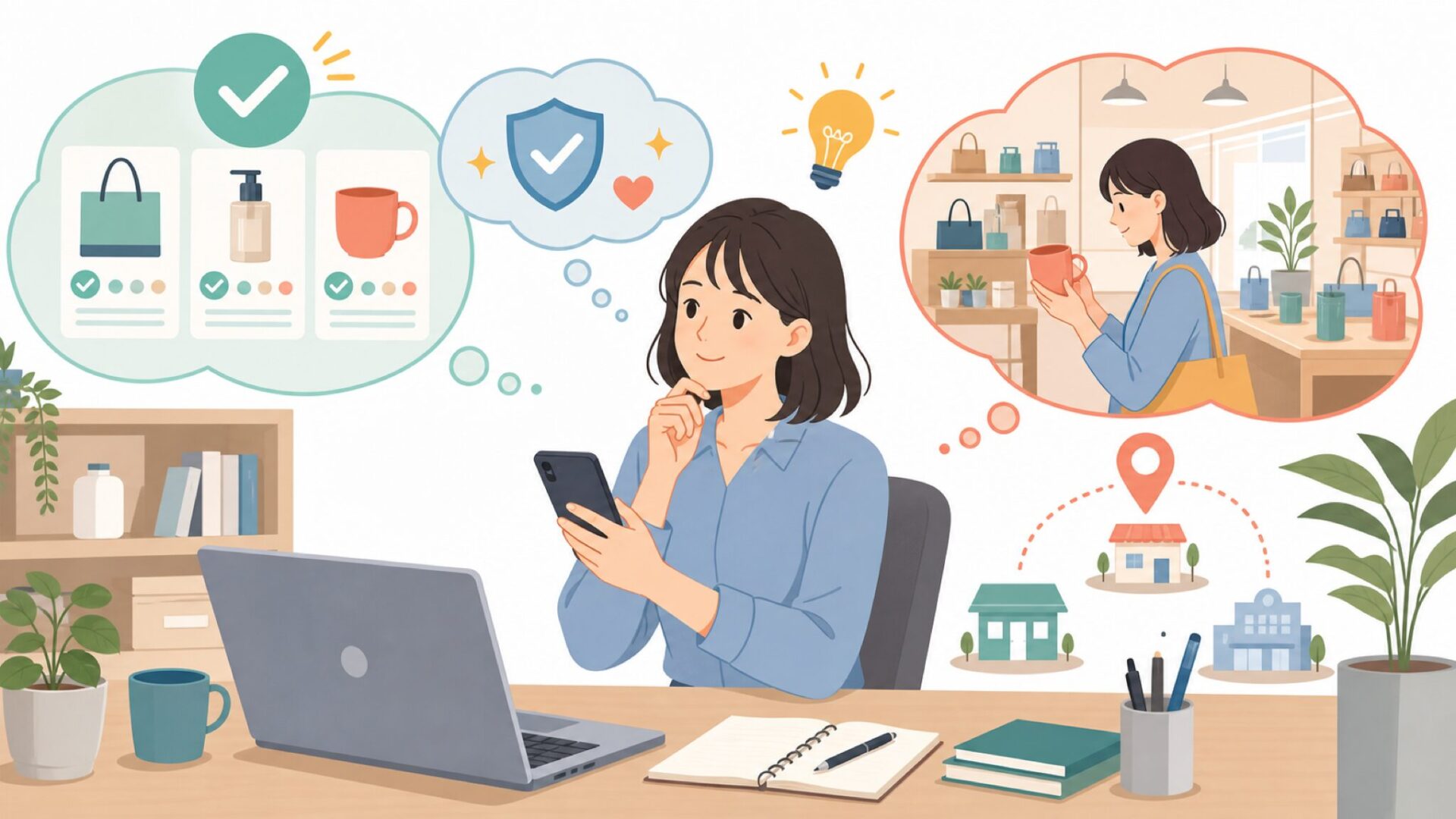 日本で実物を見て・買える場所ガイドを表すイラスト