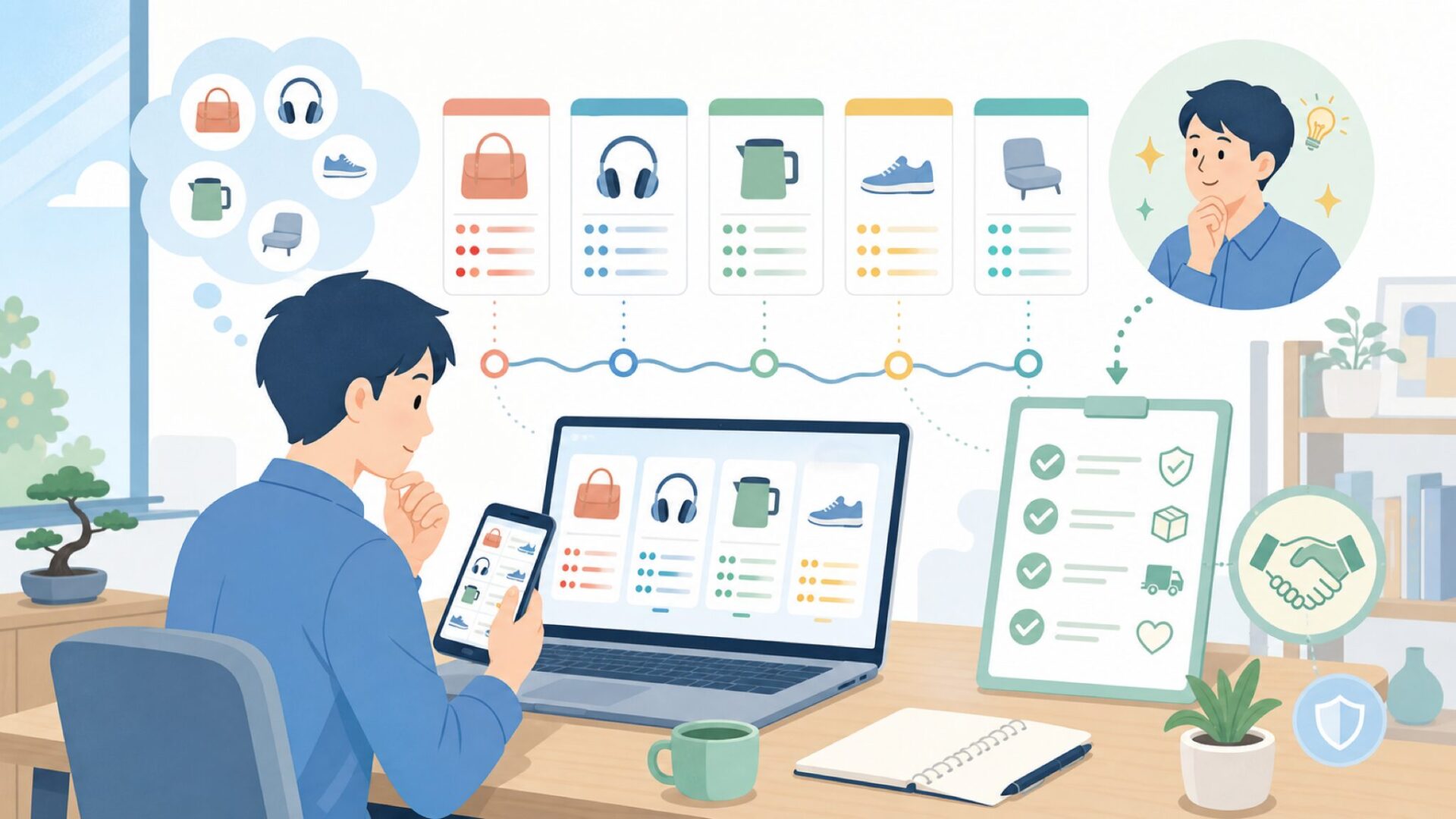 購入先別の価格とチェックポイントを表すイラスト
